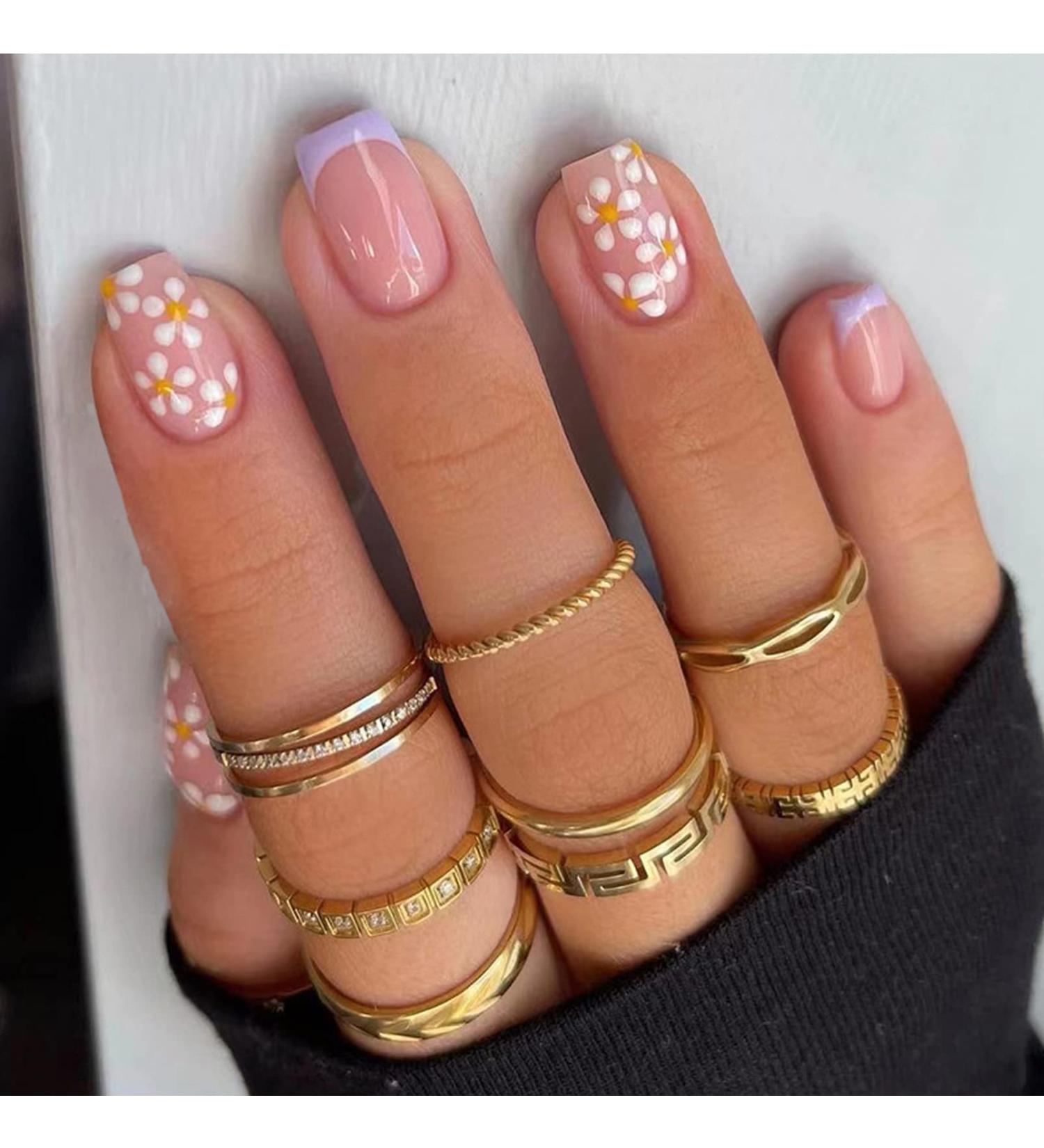 Short French False Nails - 24 PCS Lilac Daisy Design Stick on Nails - Acrylic Full Cover Tips with Glue - Purple Women's Nails Art - Buy Online on GoSupps.com