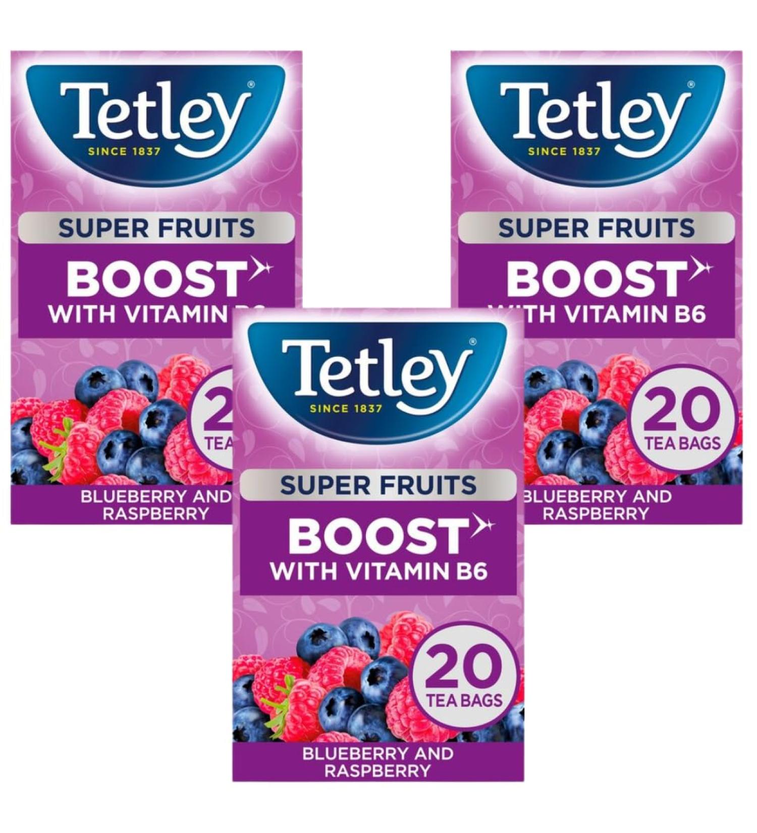 Tetley Super Fruit Tea Boost Blueberry & Raspberry Tea Bags 20 per pack (3 Pack Bundle)