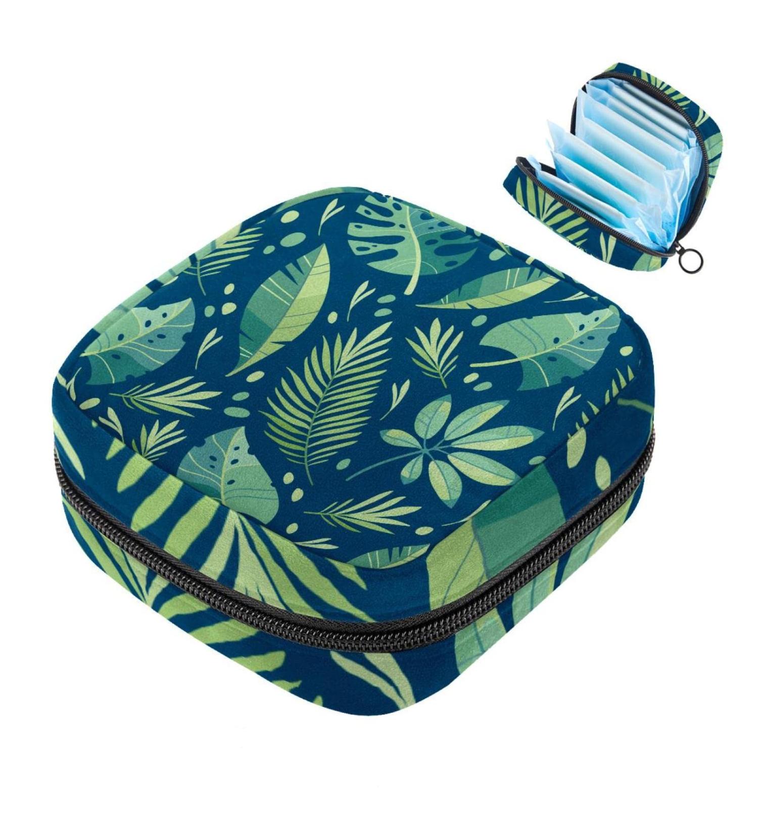 Stylish Menstruation Pad Bag with Zipper - Tropical Palm Green Design | Women's Napkin & Tampon Organizer - Buy Online on GoSupps.com