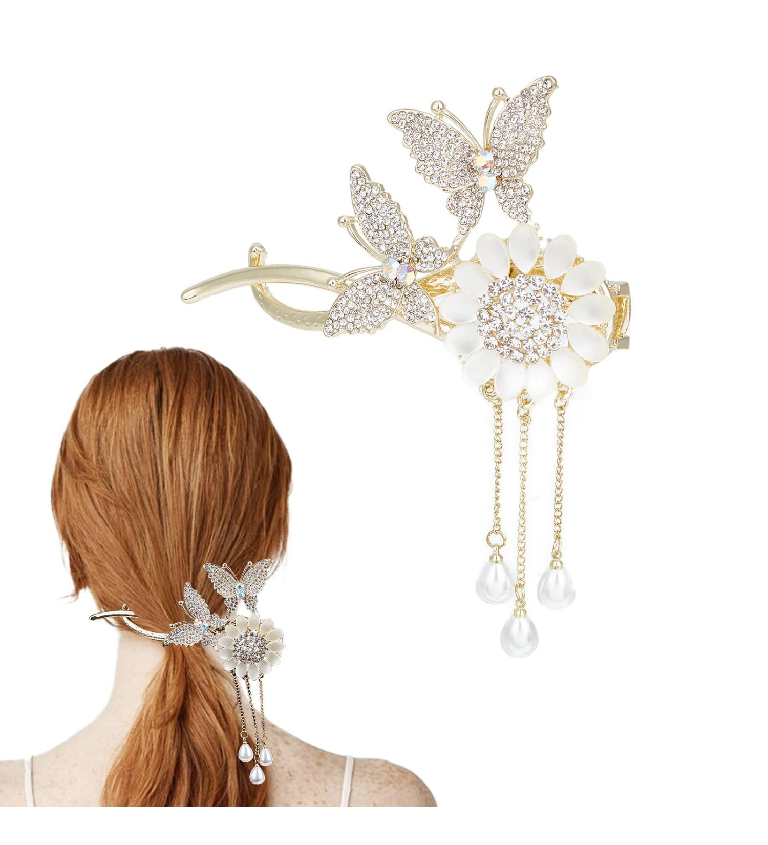 NICENEEDED Sparkle Rhinestone Butterfly Flower Hair Clips Glitter Pearl Long Tassels Hair Barrettes Dazzlingly Diamond Hairpin Hair Accessories for Women and Girls - Buy Online on GoSupps.com