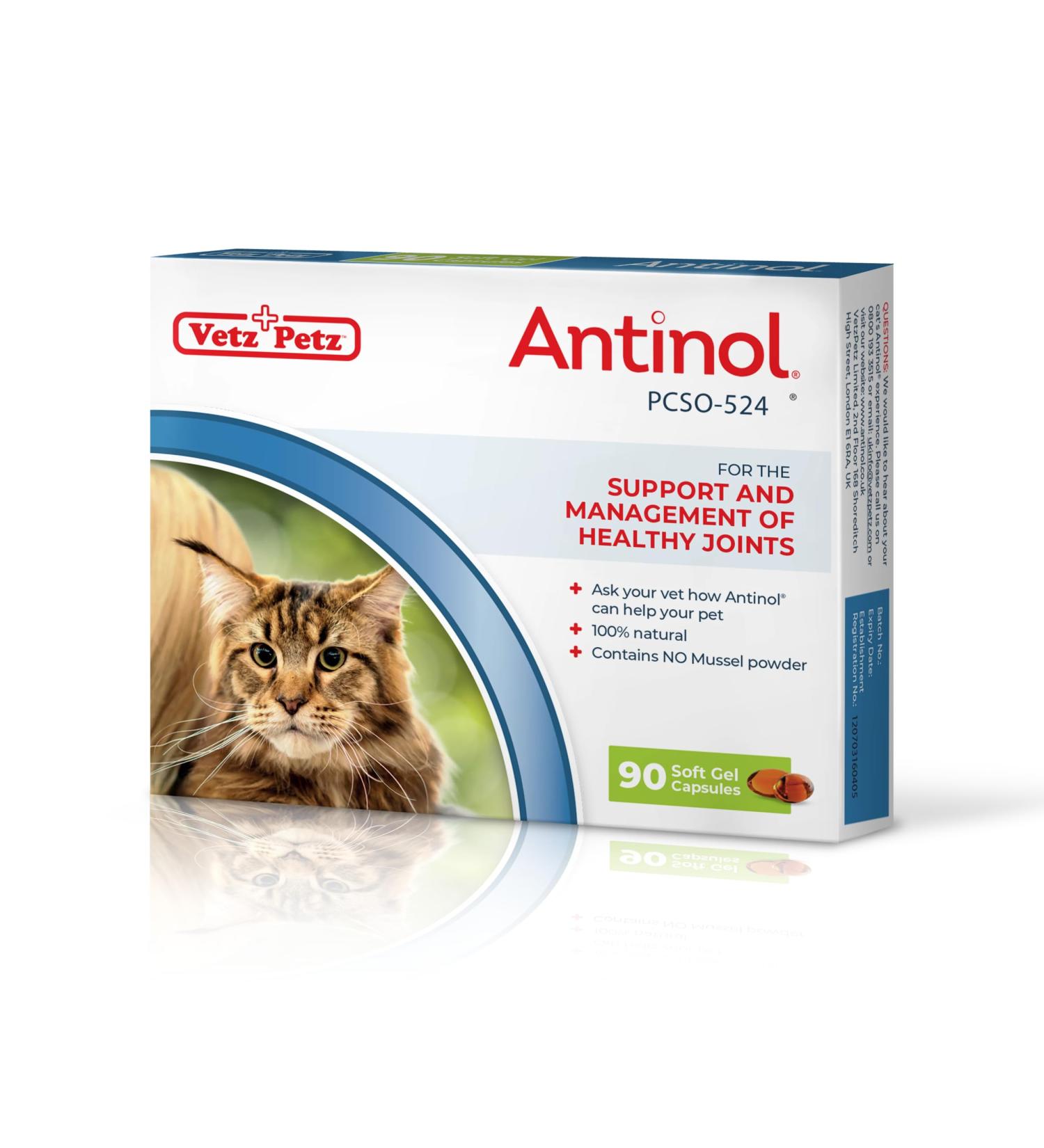 Antinol - Natural Joint Supplement for Adult Cats - Supports Joint Mobility & Skin Health - With Green Lipped Mussels Omega 3 & Vit E - 90 Capsules - Buy Online on GoSupps.com