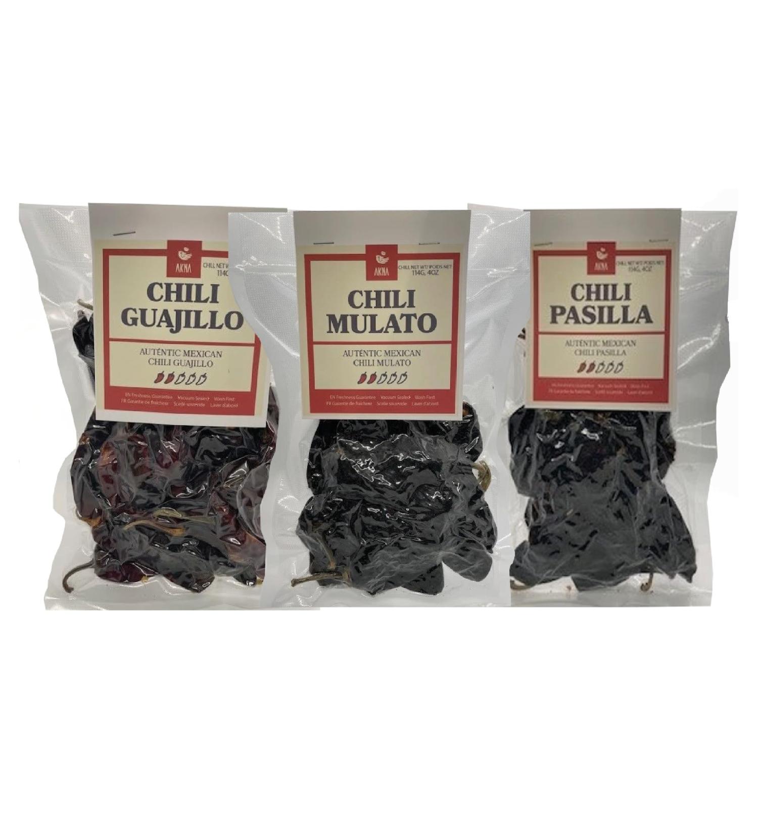 AKNA Mexican 3 Chili Bundle Includes 3 Individual 114g Pouches of Whole Guajillo Mulato and Pasilla Chilis. - Buy Online on GoSupps.com