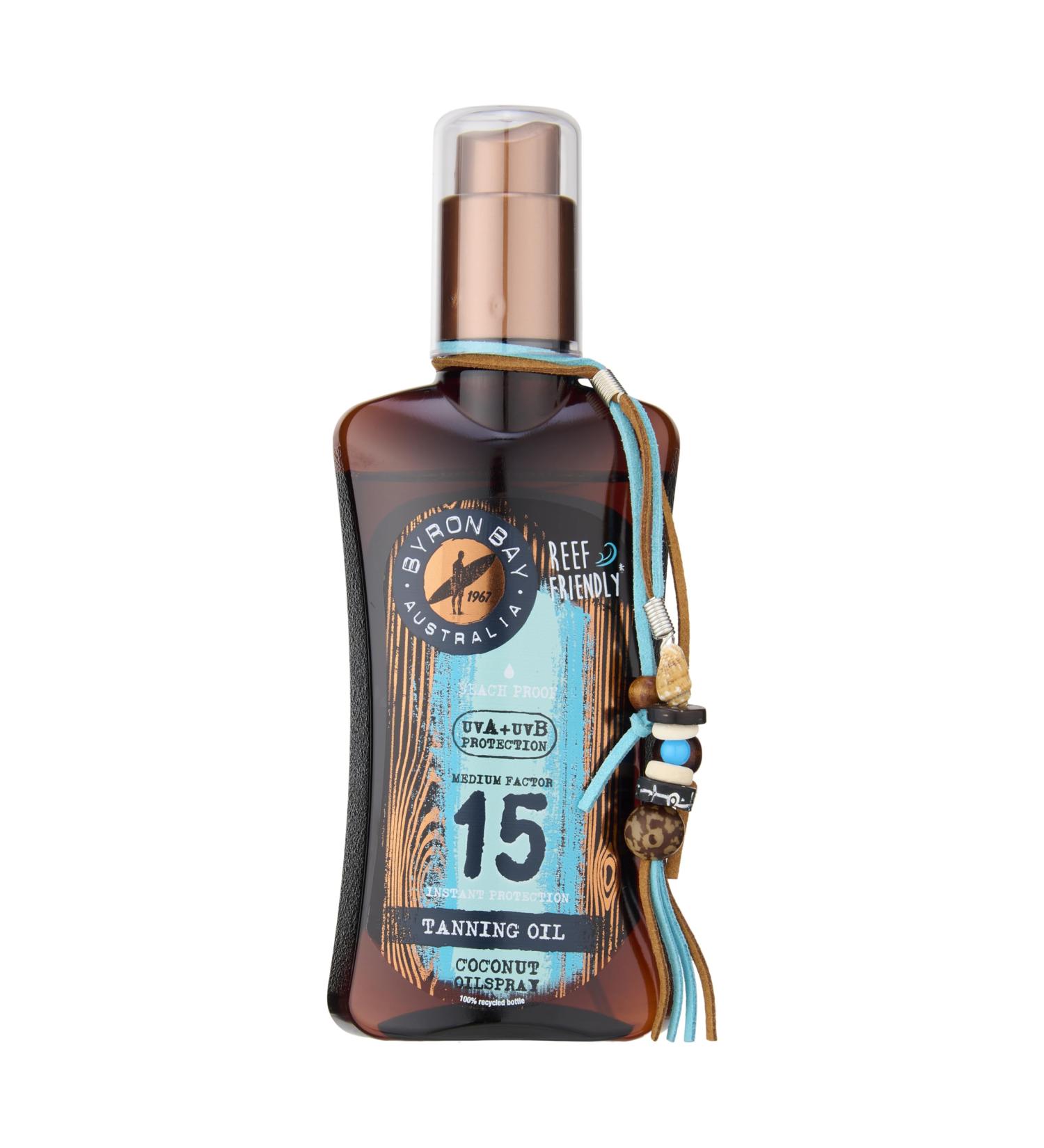 Byron Bay Australia Fast Bronzing Tanning Oil SPF 15 Spray - UVA & UVB Instant Protection Non-Greasy Water-Resistant with Vitamin E & Aloe Vera Coconut Scent 200ml - Buy Online on GoSupps.com