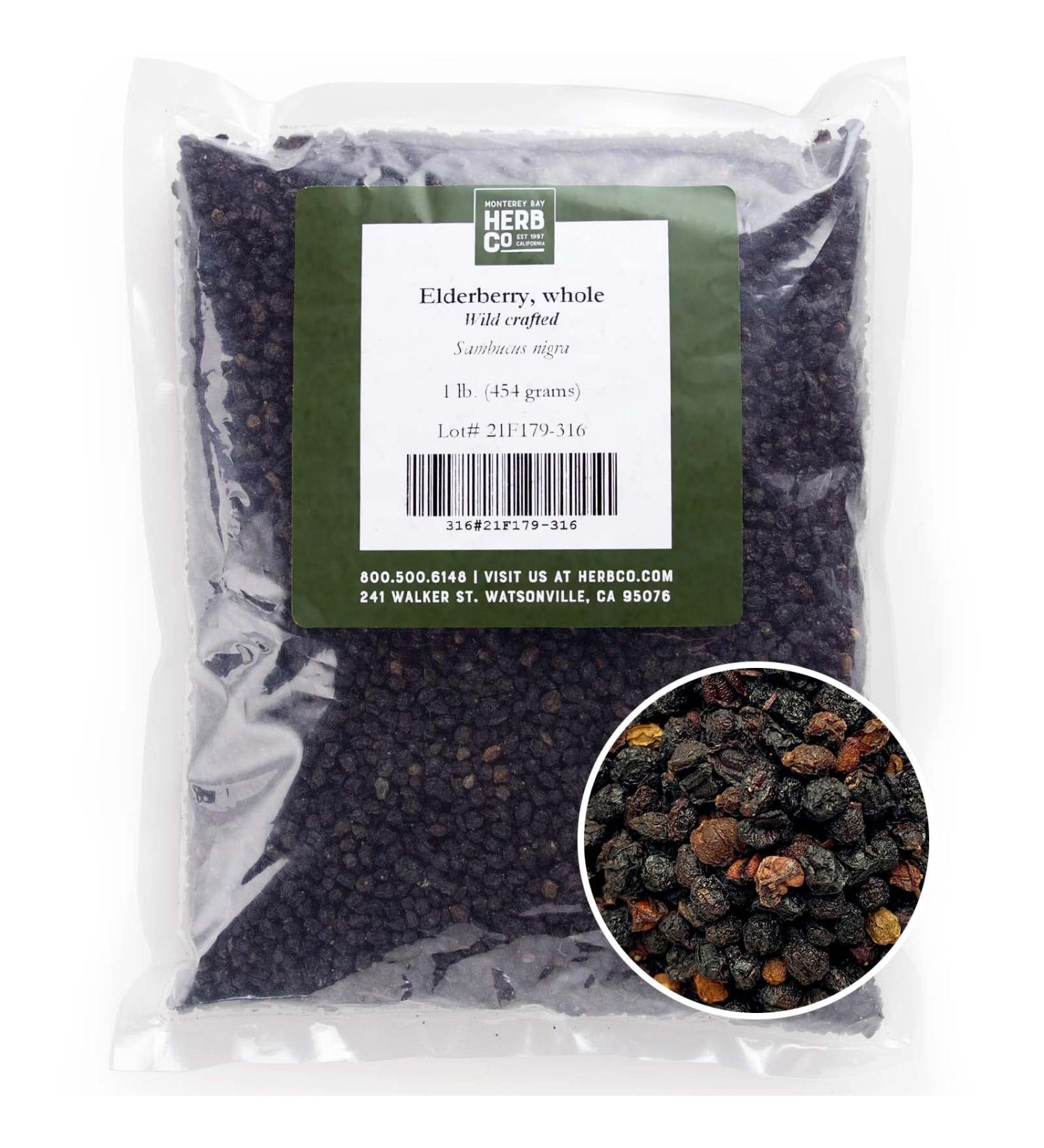Certified Organic Elderberries - 1 LB Bag by Monterey Bay Herbo Co | Whole & 100% Natural (Sambucus nigra) - Buy Online on GoSupps.com