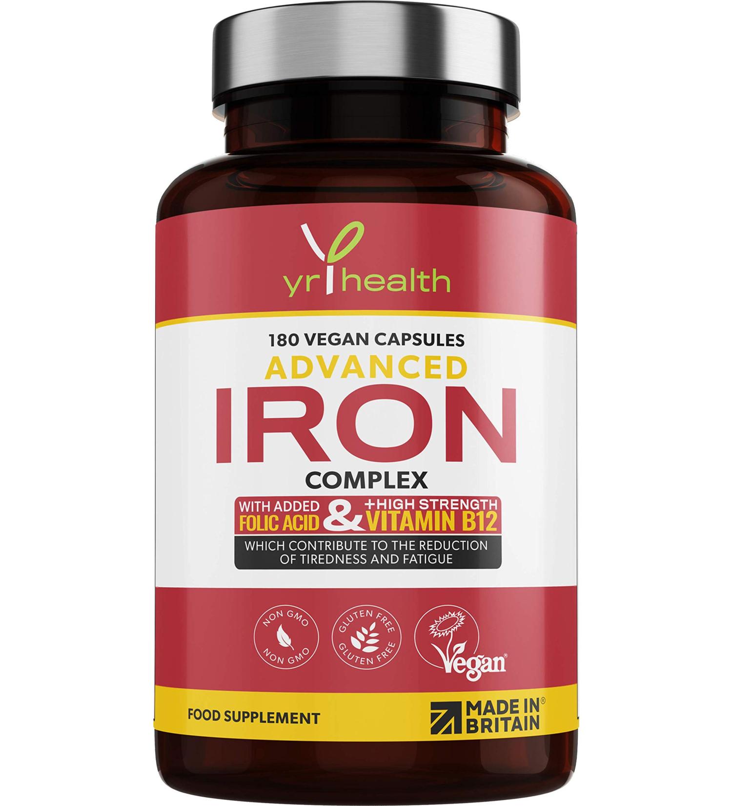 YrHealth Iron Supplement 20mg Anti-Fatigue Complex - 180 Vegan Capsules with Vitamin B12, Folic Acid, C, B6, Zinc, Copper - Made in UK - Buy Online on GoSupps.com