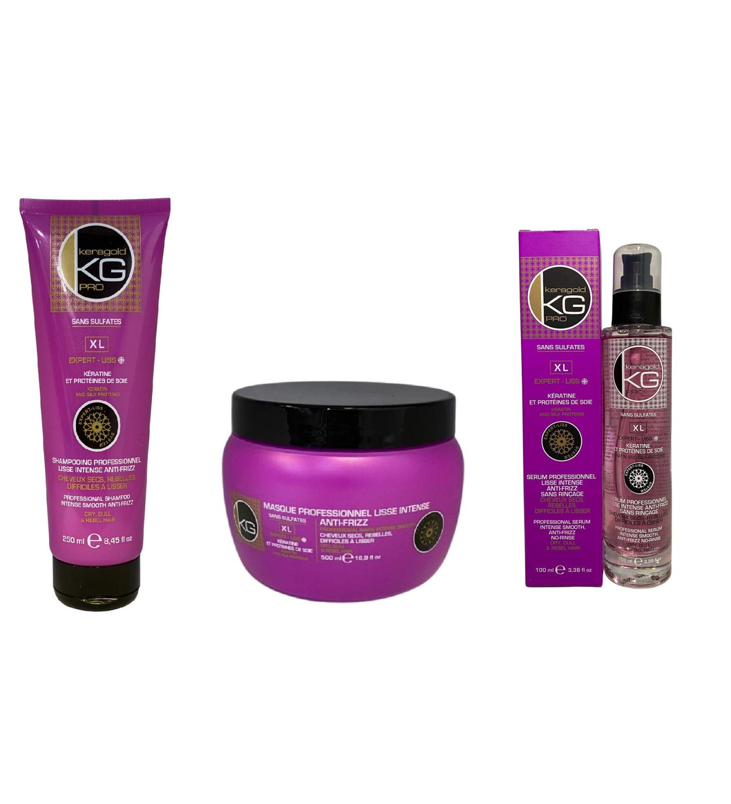 KERAGOLD PRO - Pack Expert Liss XL - Without Sulfates with Keratin & Silk Protein - Shampoo 250 ml + Mask 500 ml + Serum 100 ml