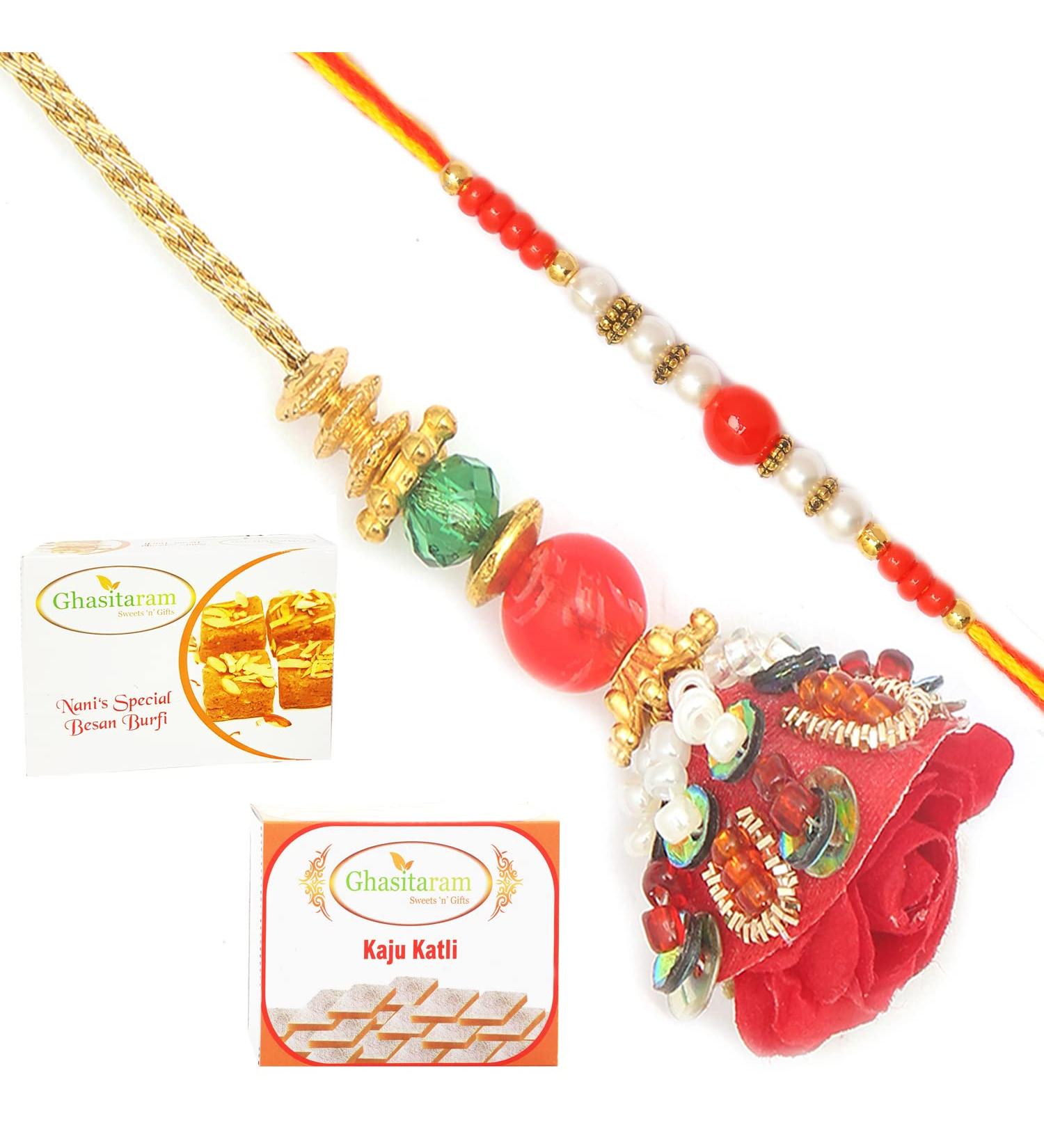 Ghasitaram Gifts Rakhis Online - Rakhi for Brother- Red Velvet Bhaiya Bhabhi Rakhi with 200 GMS of Besan Barfi and 200 GMS of Kaju Katli Rakhi Set with 200 gms of Besan Barfi & Kaju Katli - Buy Online on GoSupps.com