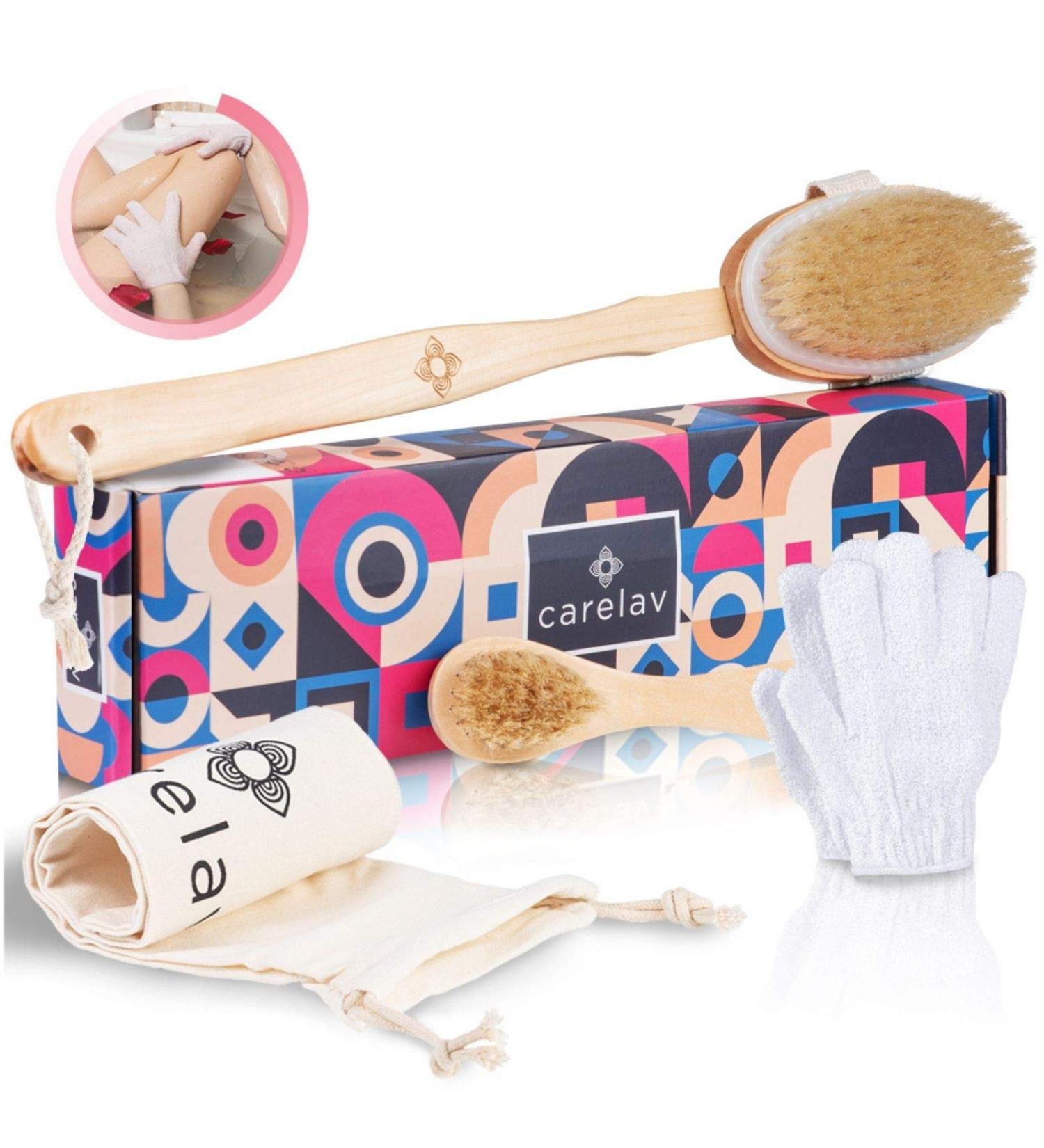 Premium Dry Brushing Body Brush Set | Medium Boar Bristles for Exfoliating & Cleansing | Lymphatic Drainage | Skin Beauty Brush with Handle, Face Brush & Shower Gloves - Buy Online on GoSupps.com