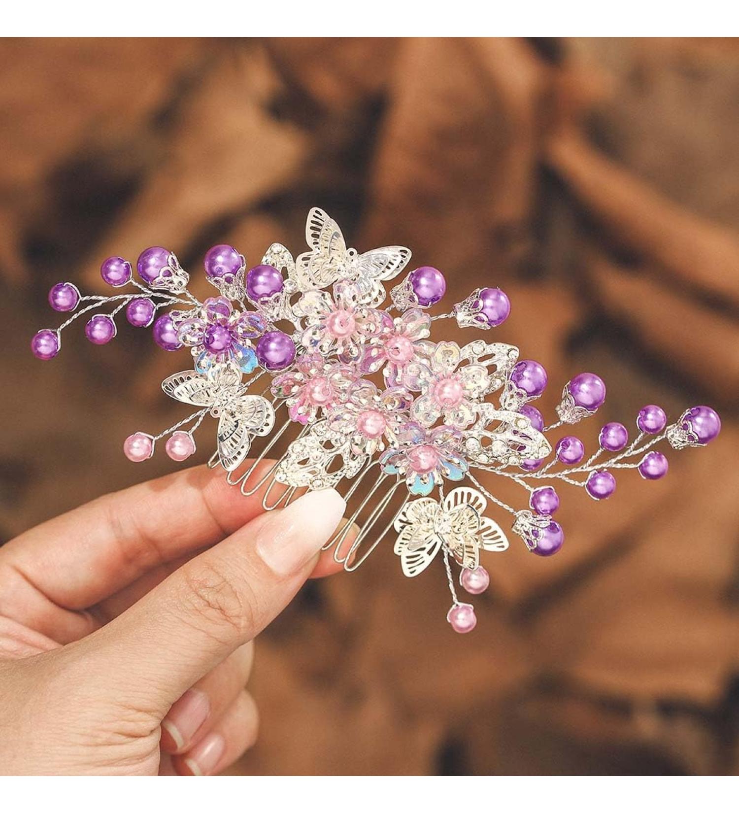 IYOU Pearl Wedding Hair Combs Purple Butterfly Bridal Sides Comb Flower Bridesmaid Bride Hair Accessories for Women - Buy Online on GoSupps.com