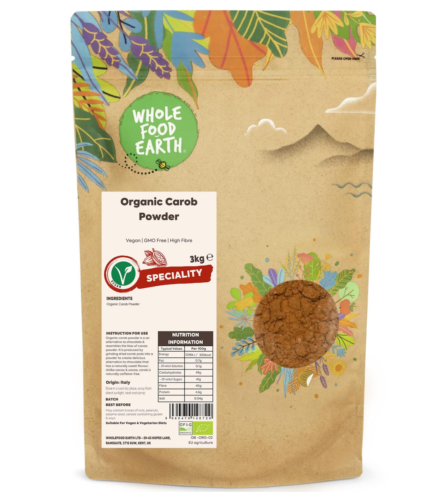 Wholefood Earth Organic Carob Powder 3kg - Vegan, GMO Free, High Fibre - Certified Organic - Buy Online on GoSupps.com