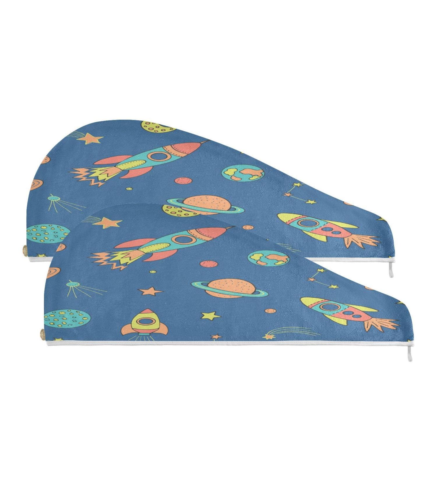 Outer Space Rocket Dry Hair Cap - 2 Piece Quick Drying Towel Set | Super Absorbent Soft & Comfortable with Button Headband - Buy Online on GoSupps.com