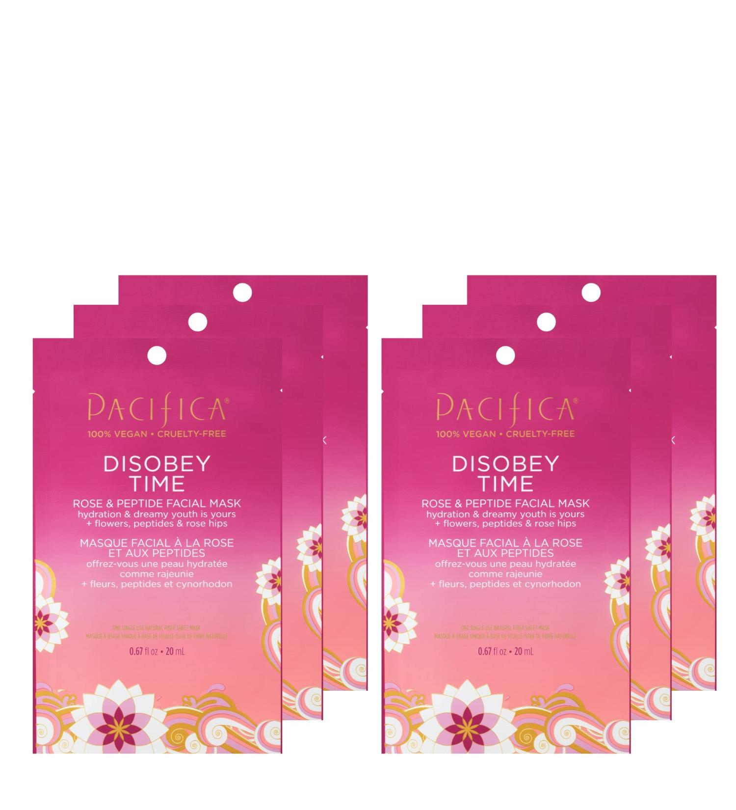 Pacifica Beauty Disobey Time Peptide Hydrating Facial Sheet Mask | For All Skin Types | 6 Count | Hyaluronic Acid Rose + Peptides | 100% Cotton Mask | Moisturizing + Calming | Vegan + Cruelty Free