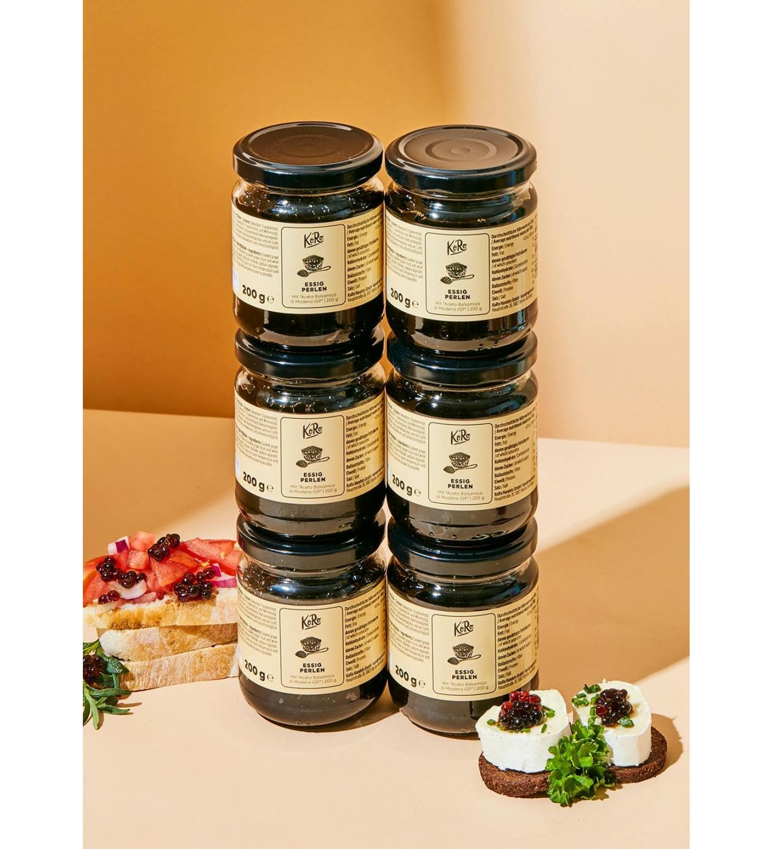 KoRo - Balsamic vinegar beads 6 x 200 g - Small soft beads with a liquid heart of Aceto Balsamico di Modena IGP - In an advantageous jar of 200 g - Vegan - For garnishing savory dishes - Buy Online on GoSupps.com