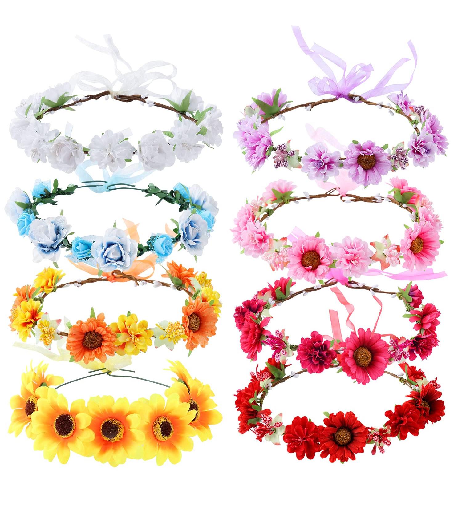 Cinaci 8 Pack Boho Flower Crown Headbands for Wedding Party - Handmade Sunflower, Daisy, Rose Tiara Garland - Adjustable Headpiece for Women, Brides, Bridesmaids, Girls, Teens - Buy Online on GoSupps.com