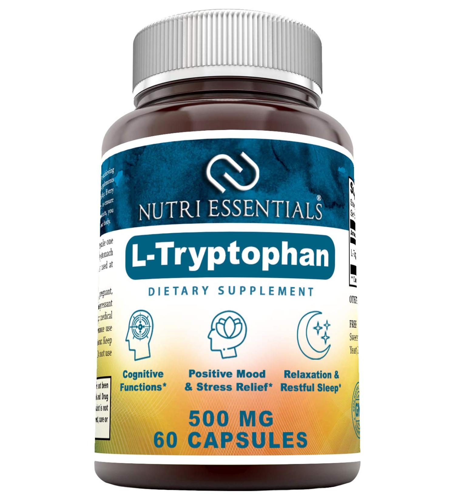 Nutri Essentials L-Tryptophan Dietary Supplement 500 mg 60 Capsules (Non-GMO) - Natural Sleep Aid Supplements with 500 mg of Free Form L Tryptophan - Circulation & Immune Support* - Buy Online on GoSupps.com