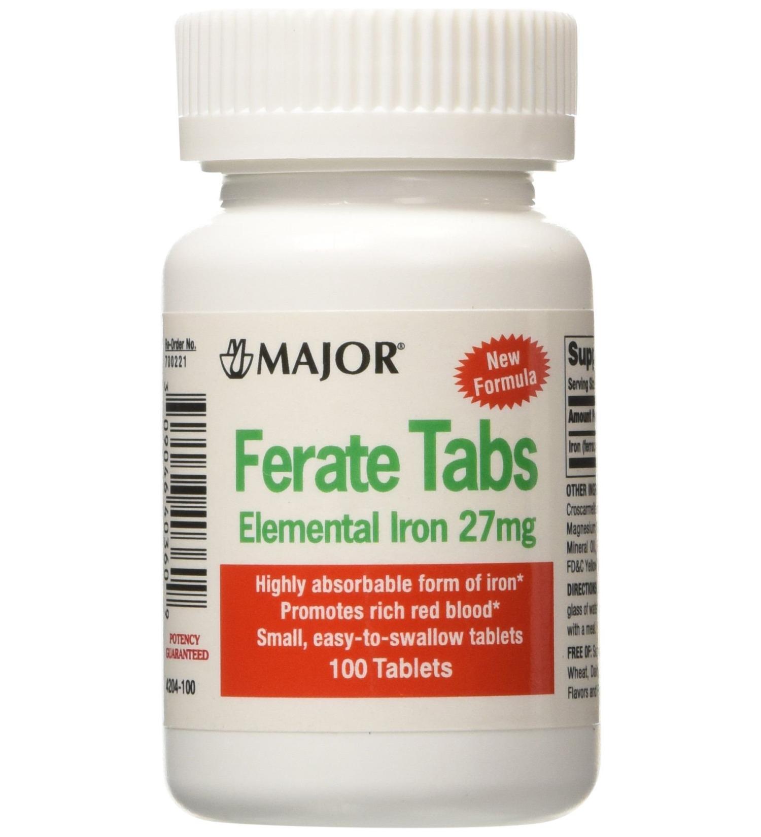 Major Ferate Tabs 27mg Elemental Iron - 100 Tablets | Iron Supplement - Buy Online on GoSupps.com