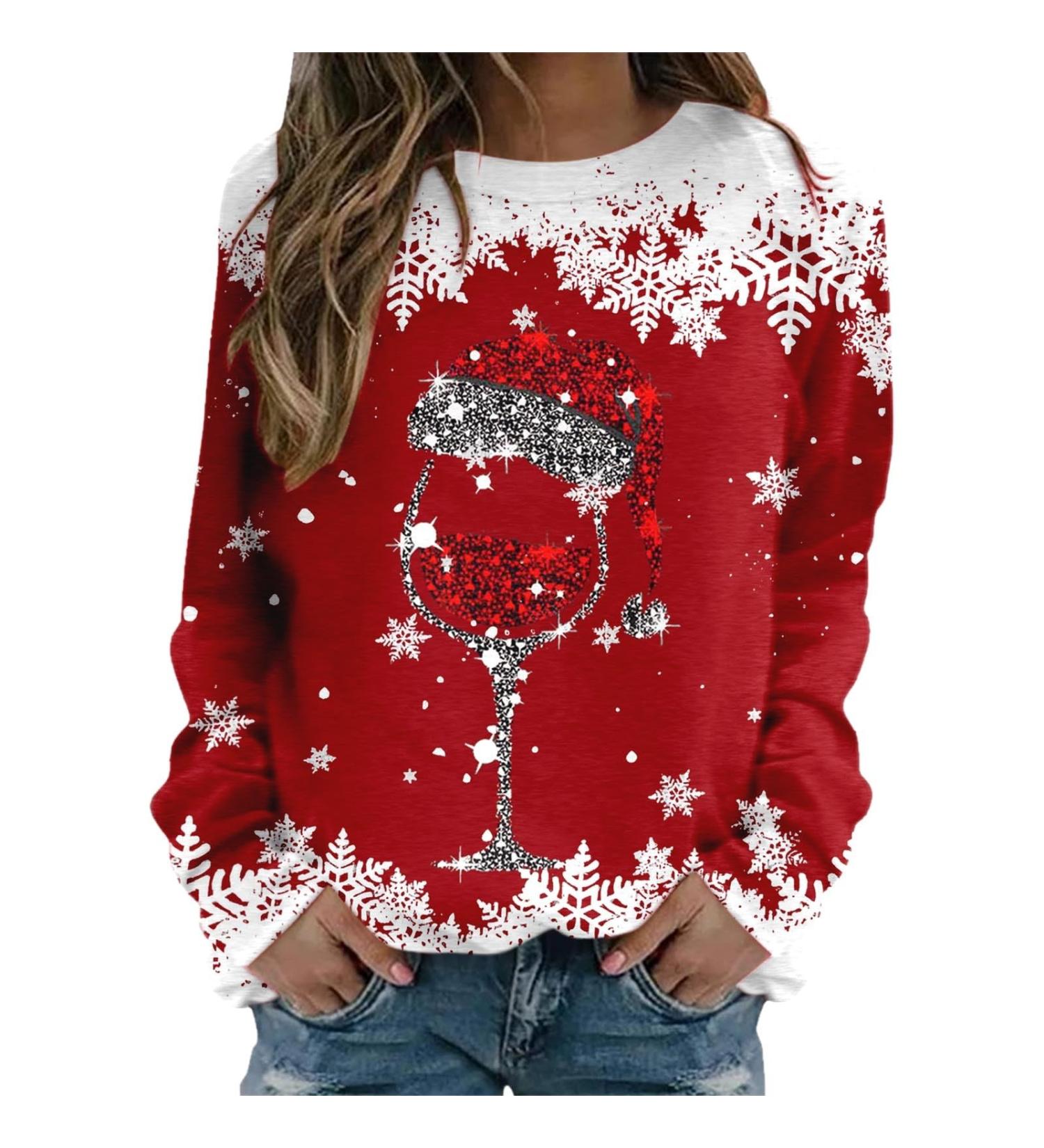 Womens Christmas Sweatshirt Snowman Penguin Print O-Neck Raglan Top - Red, M - Buy Online on GoSupps.com
