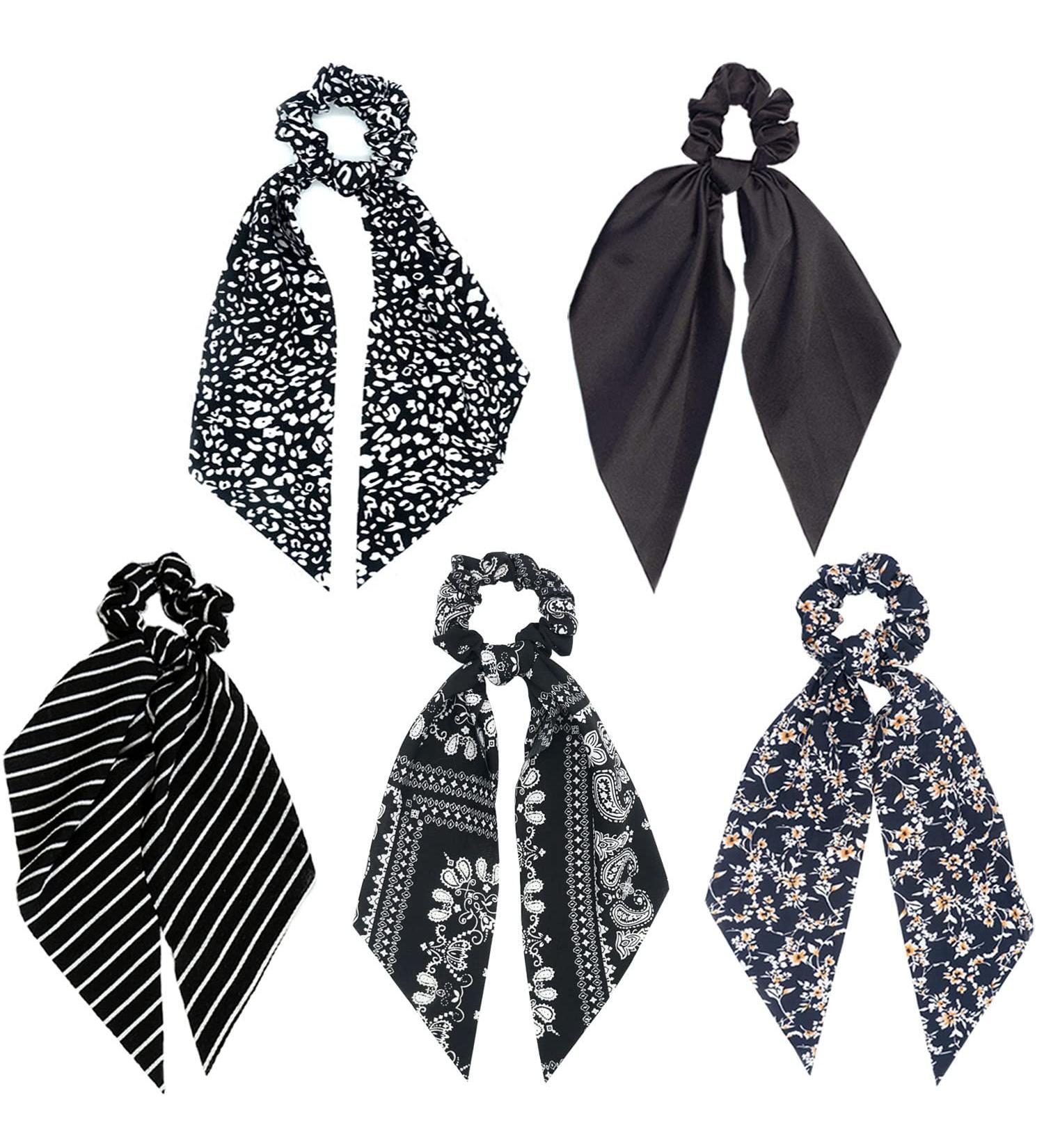 Black Floral/Striped Scarf Scrunchie Set - 5pcs Chiffon/Silk Hair Ties for Women - Buy Online on GoSupps.com