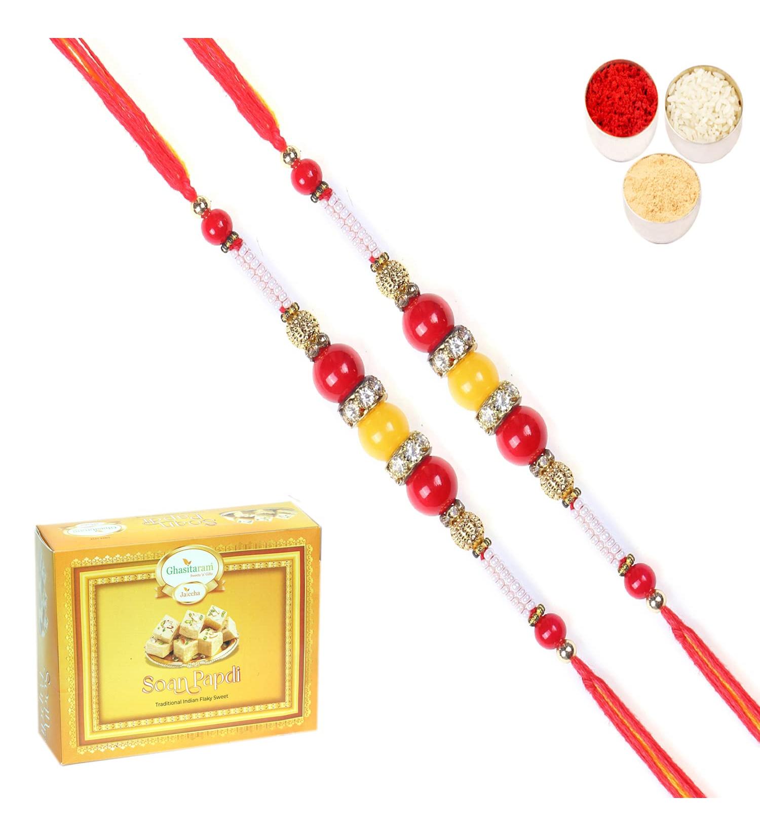 Ghasitaram Gifts Rakhi for Brother Rakhis Online - Set of 2-2K-266 Fancy Thread Rakhis with 400 GMS of Soan Papdi Set of 2 Rakhis with 400 gms of Soan Papdi - Buy Online on GoSupps.com