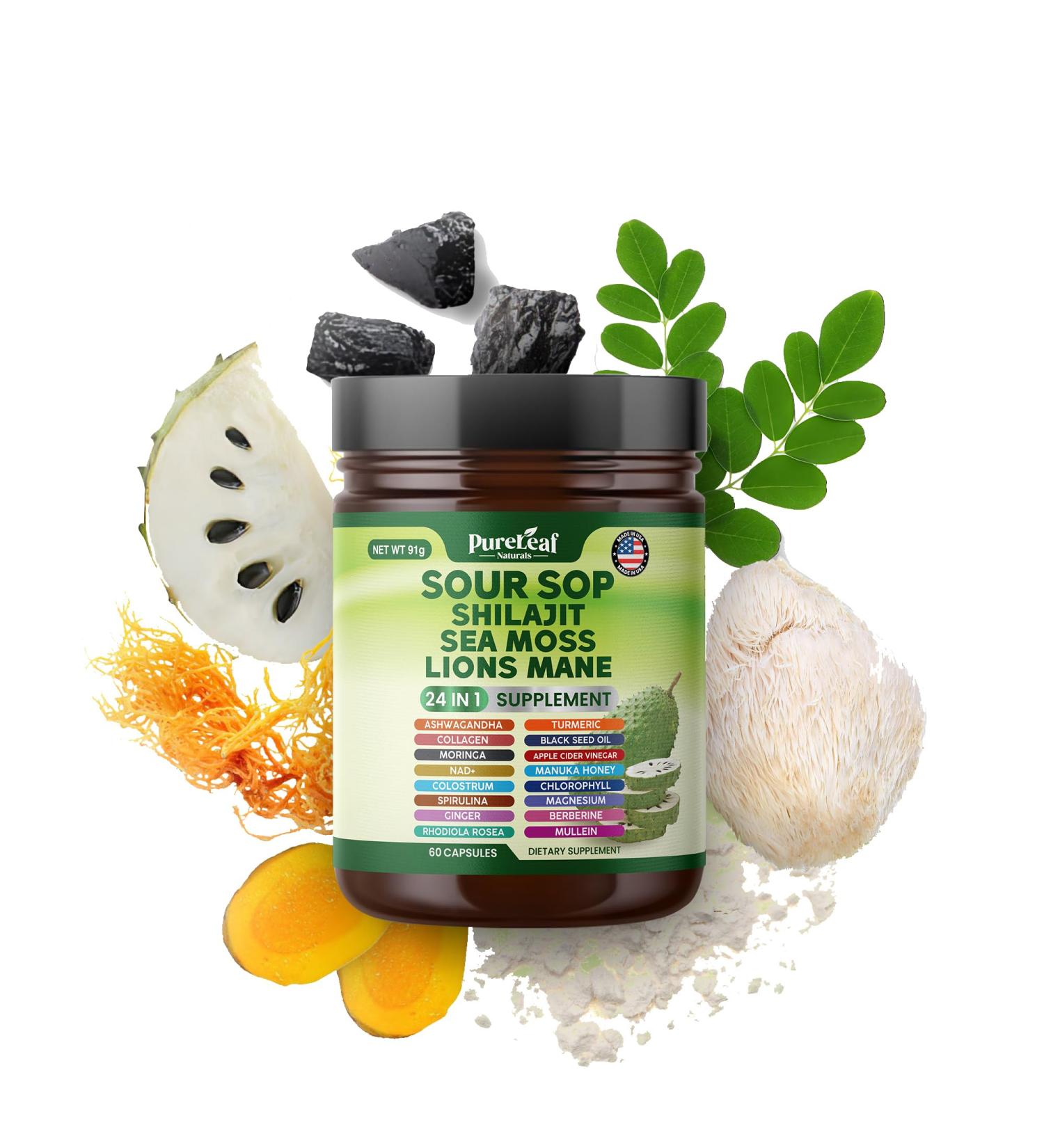 PureLeaf Naturals - Soursop Shilajit Sea Moss and Lions Mane - 24-in-1 Supplement with Ashwagandha Black Seed Oil Rhodiola Rosea Ginger Collagen Turmeric - Made in USA - 60 Capsules - Buy Online on GoSupps.com