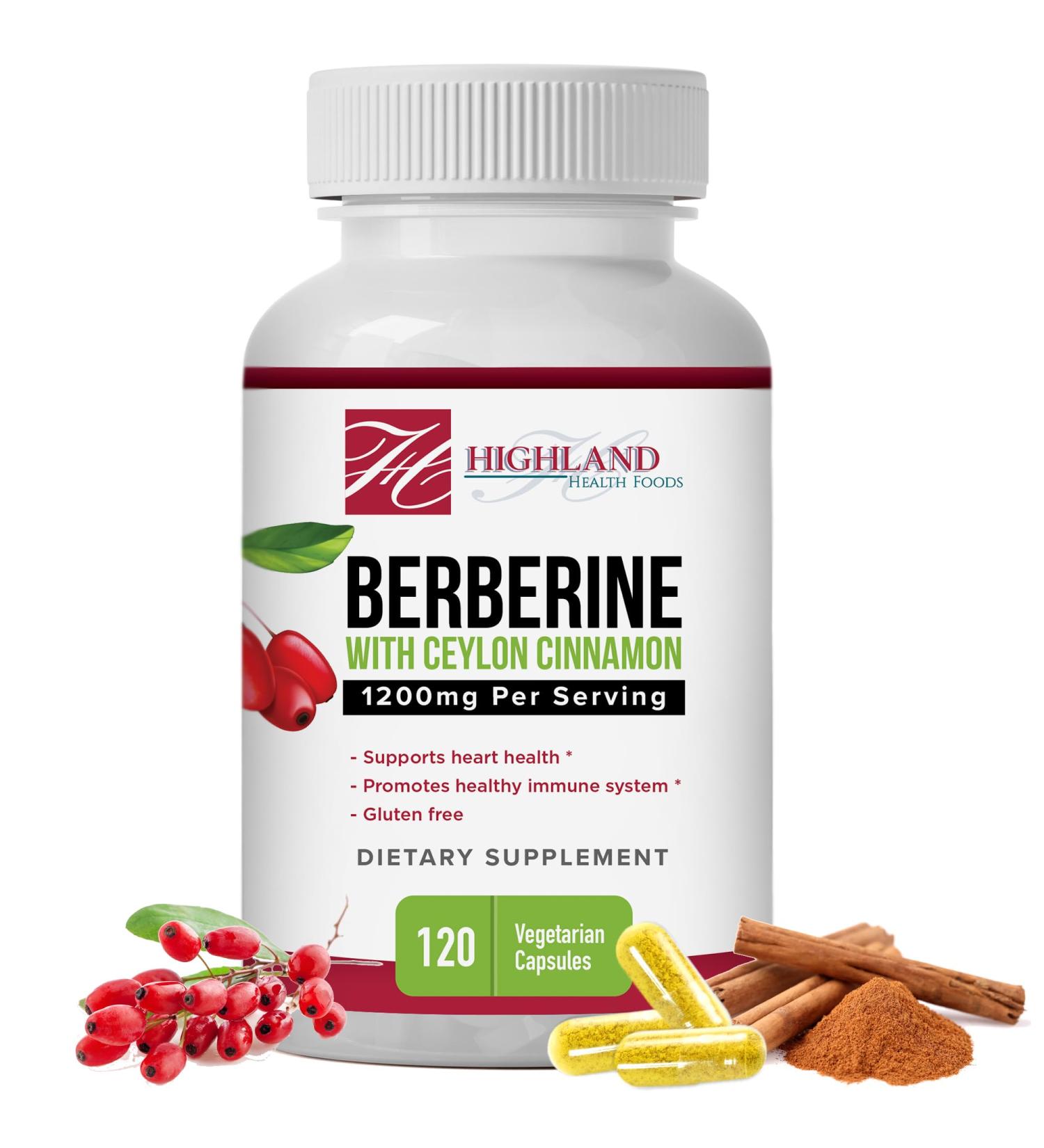 Highland Health Foods Berberine with Ceylon Cinnamon 1200 mg - Berberine HCL and Cinnamon for Blood Sugar and Metabolic Support - Non-GMO - Natural Support for Healthy Lifestyle - 120 Veg Capsules - Buy Online on GoSupps.com