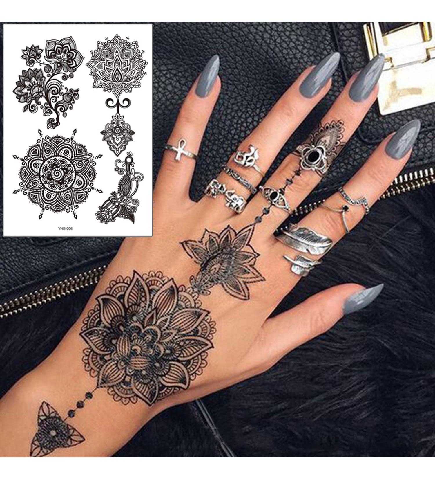 Black Henna Temporary Tattoos Set - Sexy Lace, Indian Mandala, Elephant, Flower Chain Designs - Waterproof Body, Arm, Face Decals for Wedding Party - 6 Sheets - Buy Online on GoSupps.com