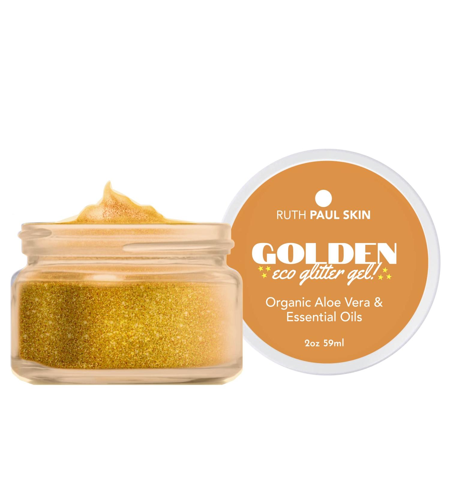 Gold Face & Body Glitter Gel | Biodegradable Shimmer for Women & Girls | Aloe Vera Base with Essential Oil | Ruth Paul Skin 2oz - Buy Online on GoSupps.com