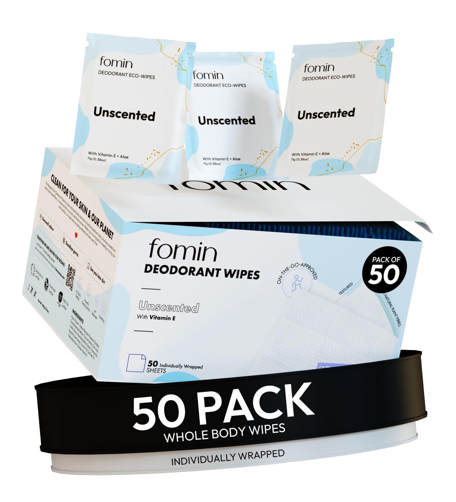 FOMIN Travel Deodorant Wipes - 50 Count - Unscented - pH Balanced Hypoallergenic Mini Deodorant Wipes For Women and Men - Plastic-Free Individually Wrapped Underarm & Body Wipes - Buy Online on GoSupps.com