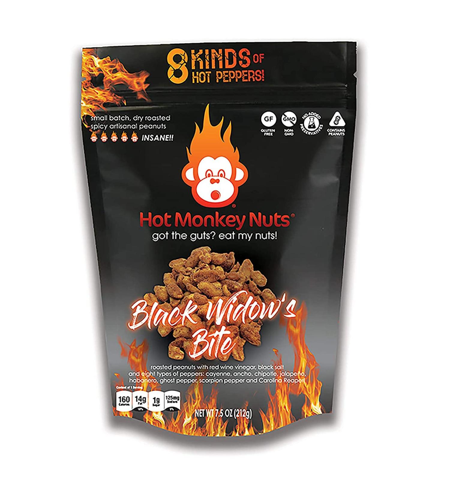 Hot Monkey Nuts - Spicy Roasted Peanuts with Red Wine Vinegar and Black Lava Salt Individual Packs - Black Widow's Bite - Buy Online on GoSupps.com