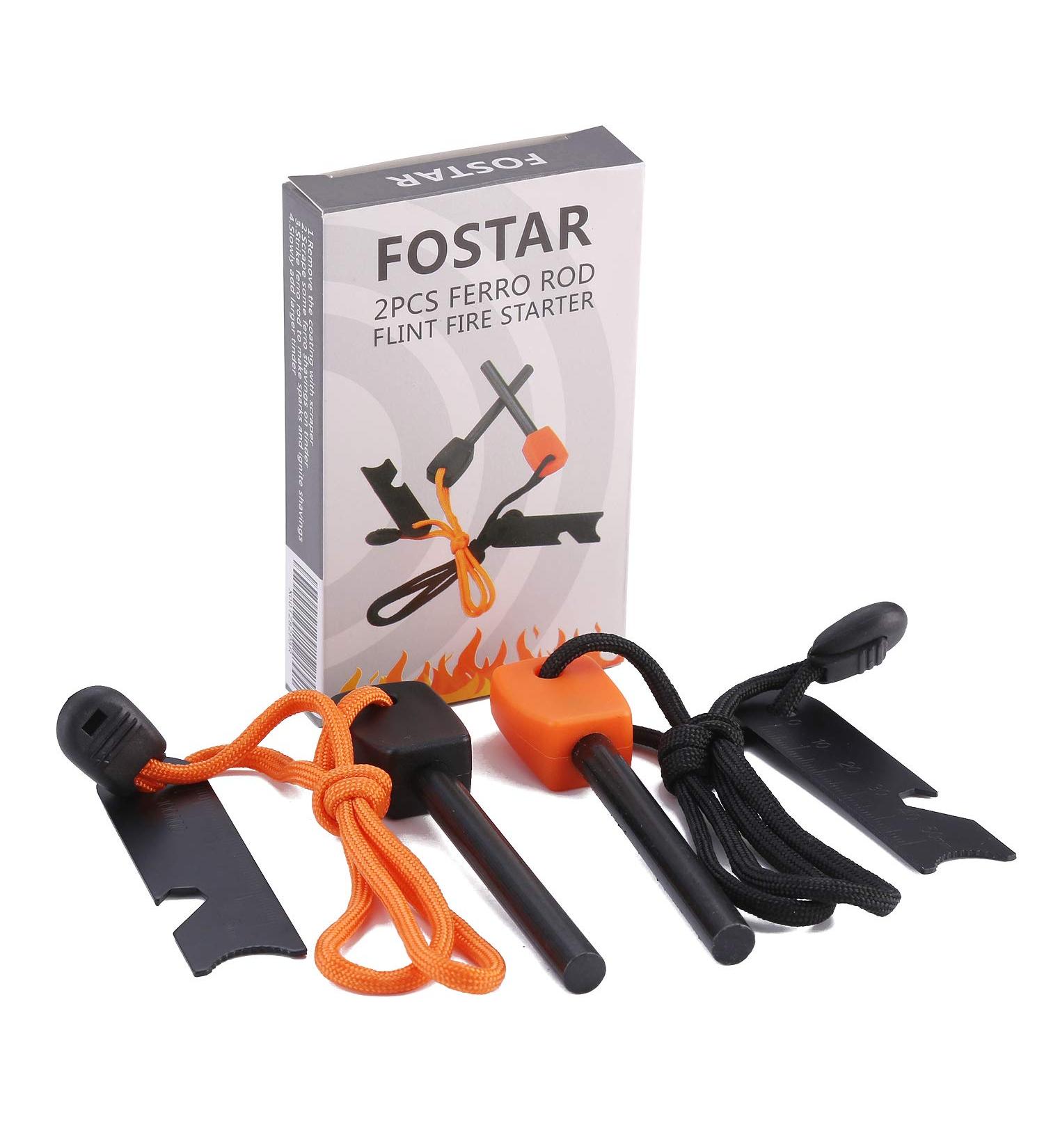 FOSTAR Ferrocerium Fire Starter Rod Set - 5/16 Thick Waterproof Fire Steel for Bushcraft - Includes Easy Grip Handle, Multi-Tool Striker, Paracord Lanyard - 2PCS Black and Orange - Buy Online on GoSupps.com