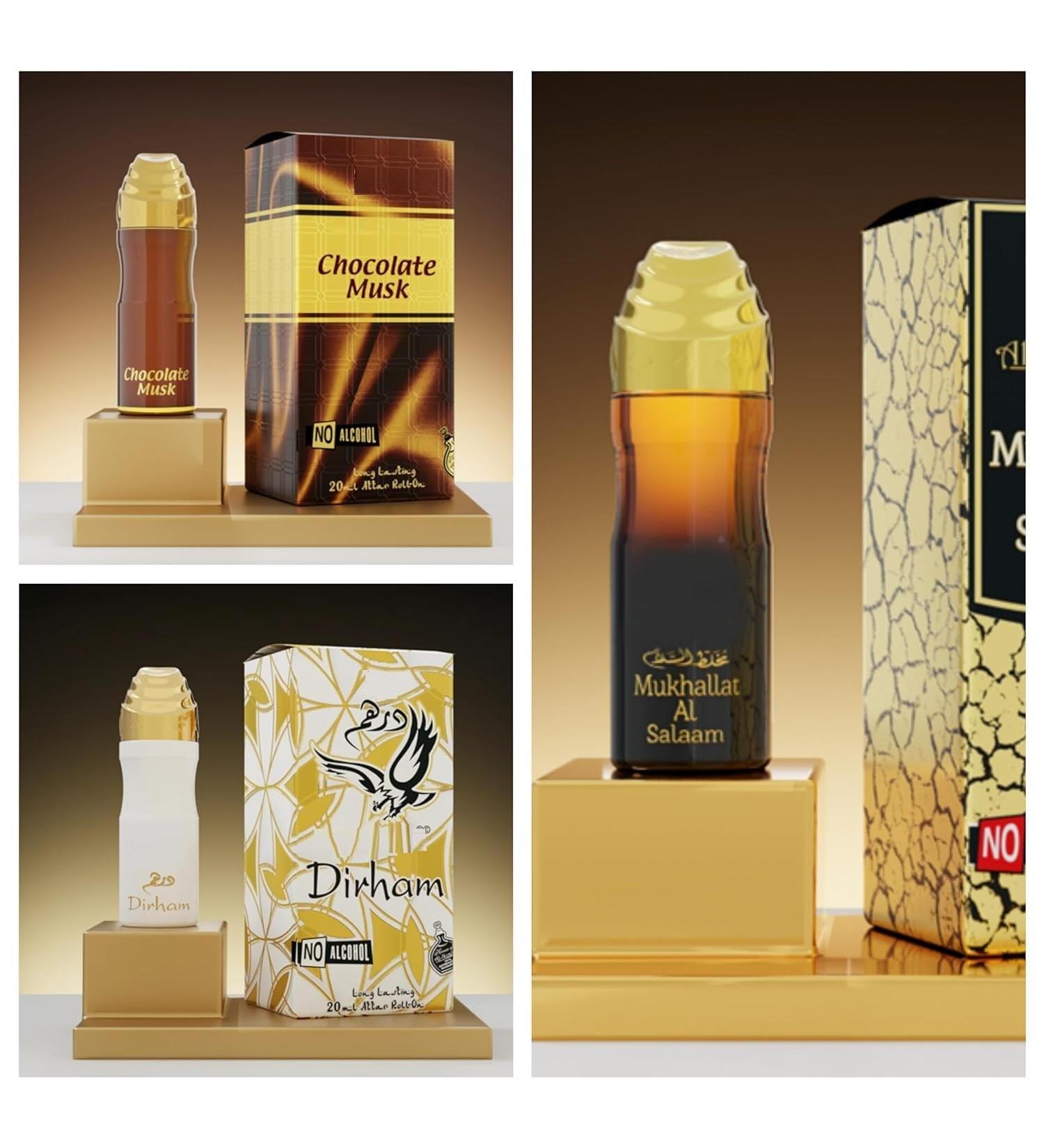 VAYUP (Pack Of 3) Ittar Itr Perfume 20-ML Unisex Attar Long Last Fragrance Non Alcoholic Atar Sweet Mild & Strong Indian-Arabic Tone.(Chocolate Musk Dirham MuKhallat Salaam) - Buy Online on GoSupps.com