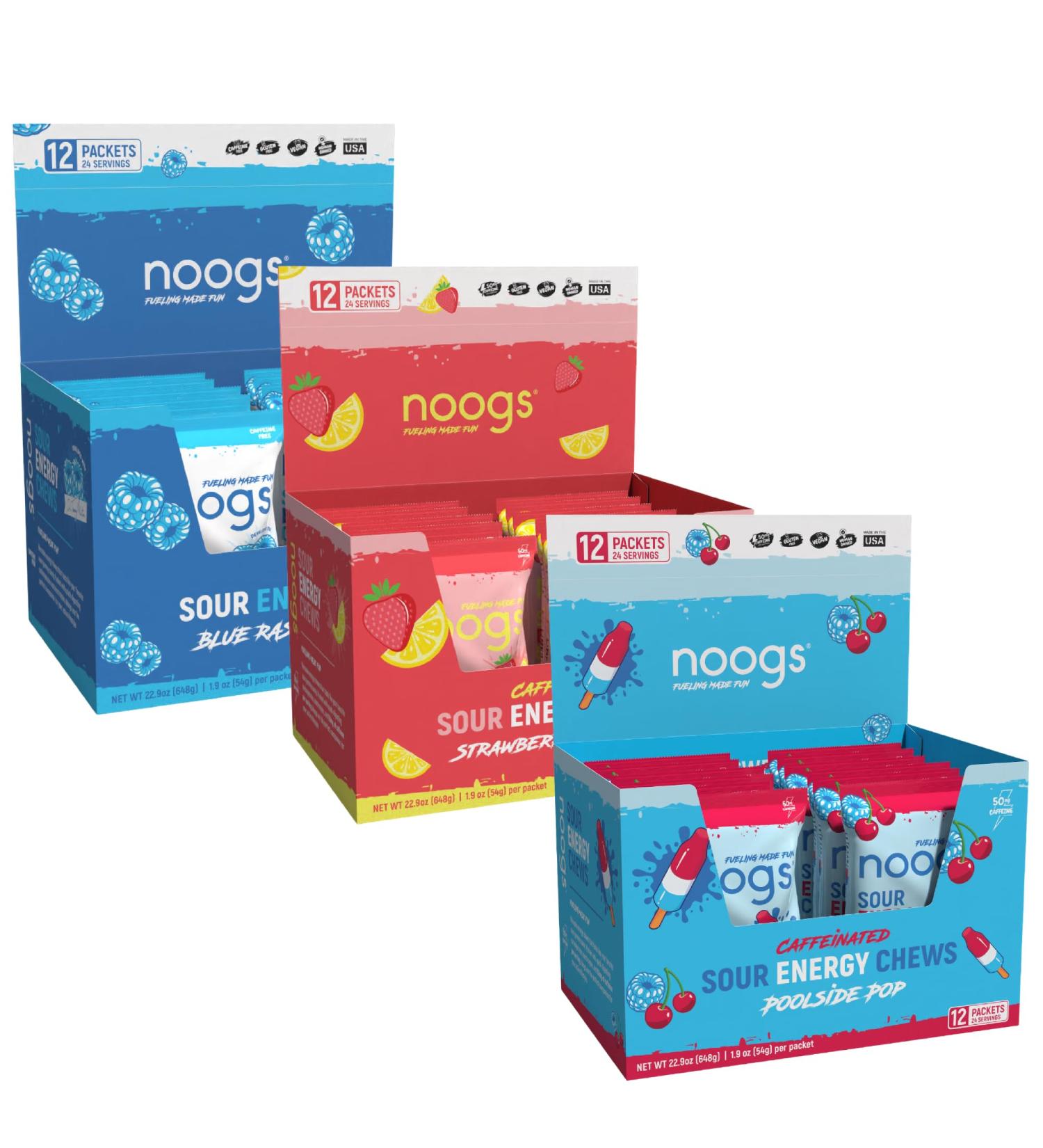 Noogs Blue Raspberry Blast + Strawberry Lemonade + Poolside Pop Sour Energy Chews Bundle - Electrolyte Energy Gummies - 36 Total Packs - Buy Online on GoSupps.com