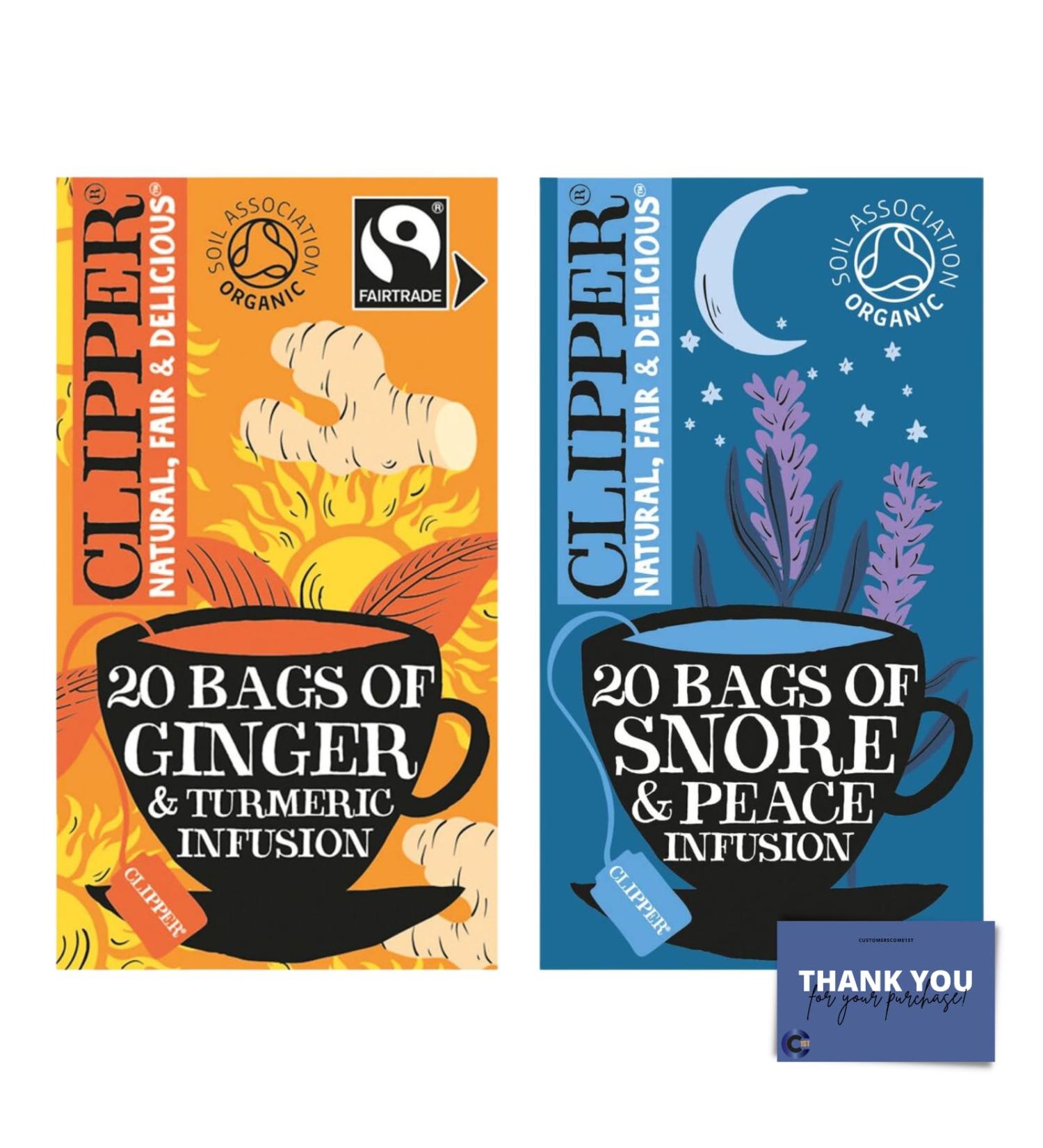 Organic Herbal Tea Duo: Snore & Peace Blend + Ginger & Turmeric - 40 Tea Bags | Caffeine-Free - Buy Online on GoSupps.com