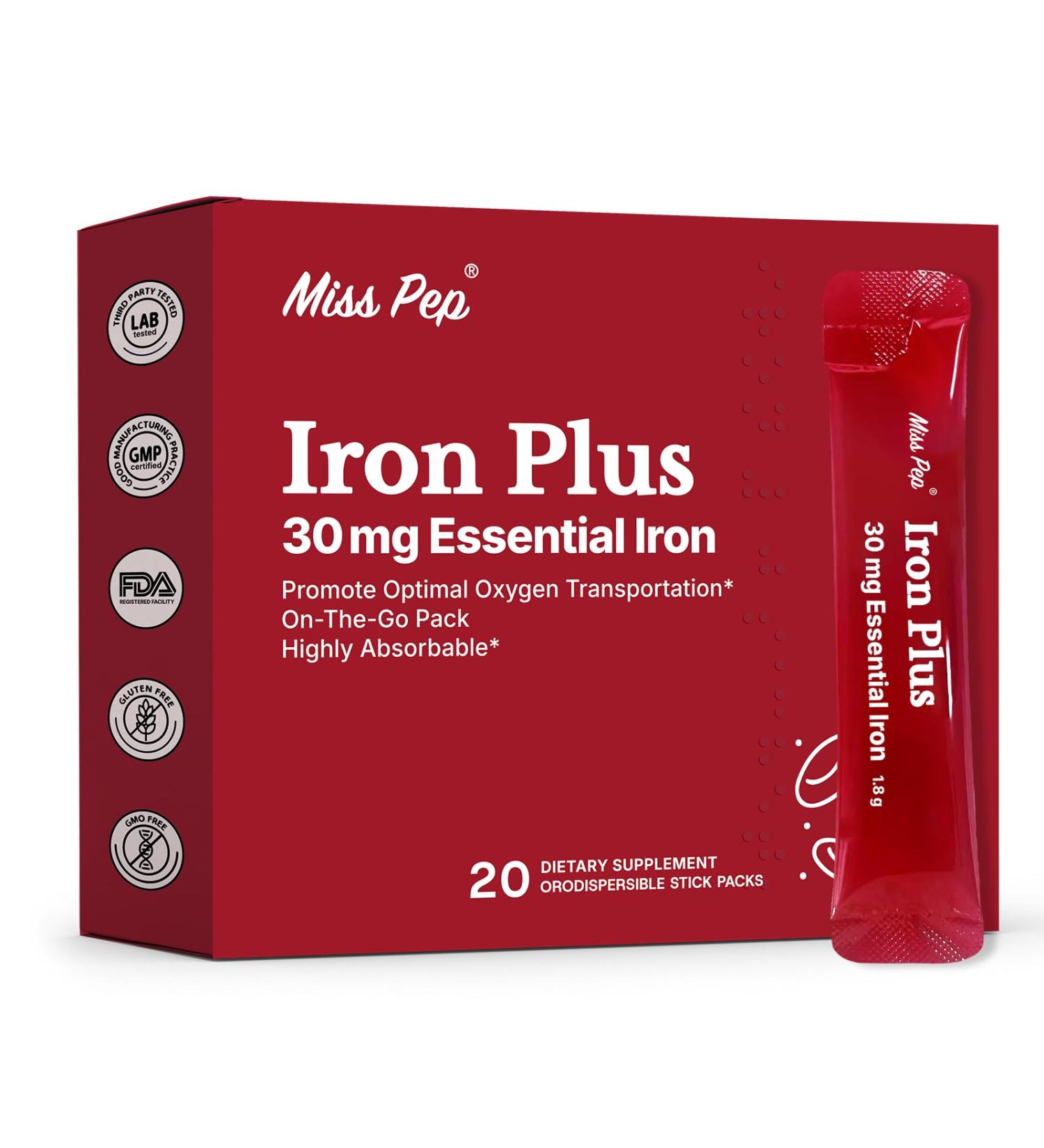Miss Pep Iron Supplement, 30 Mg Iron Supplement for Women and Men, Promotes Red Blood Cell Production, Supports Iron Deficiency in Adults, 20 Ready-to-Drink Powder Sachets - Buy Online on GoSupps.com