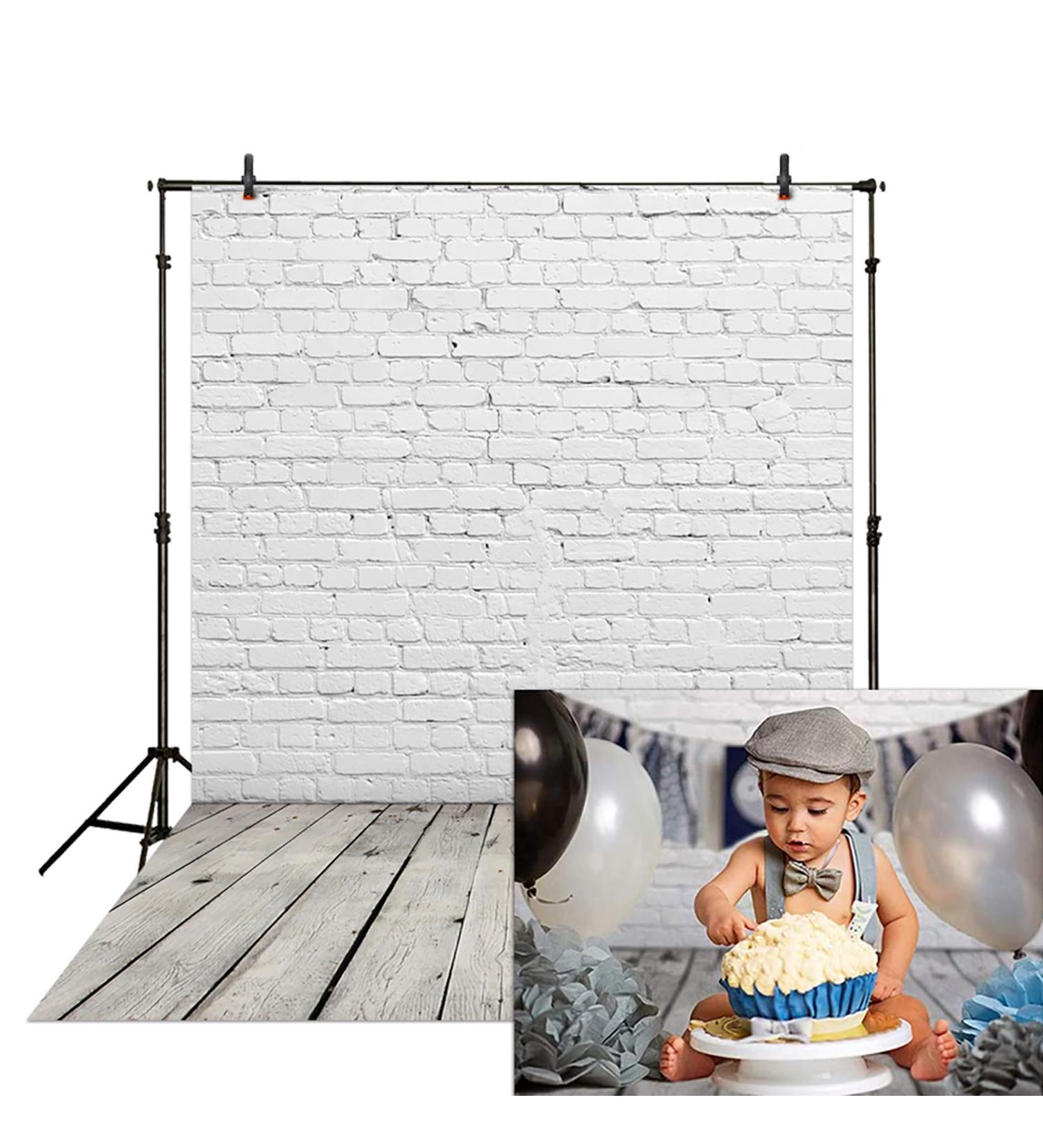 5x7FT White Brick Wall with Wooden Floor Photography Backdrop for Newborn Photoshoot - Buy Online on GoSupps.com