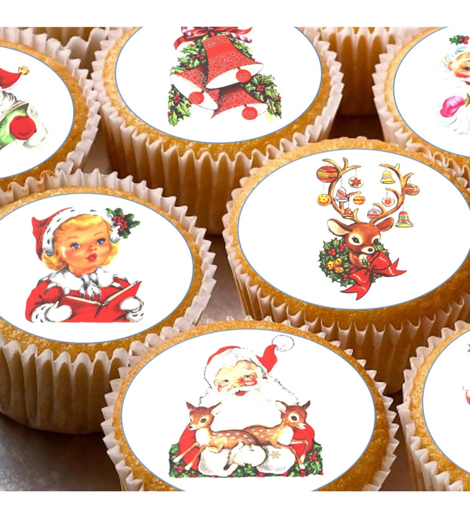 24 edible PRE CUT Vintage traditinal Christmas kids childrens party decoration cupcake toppers on wafer rice paper