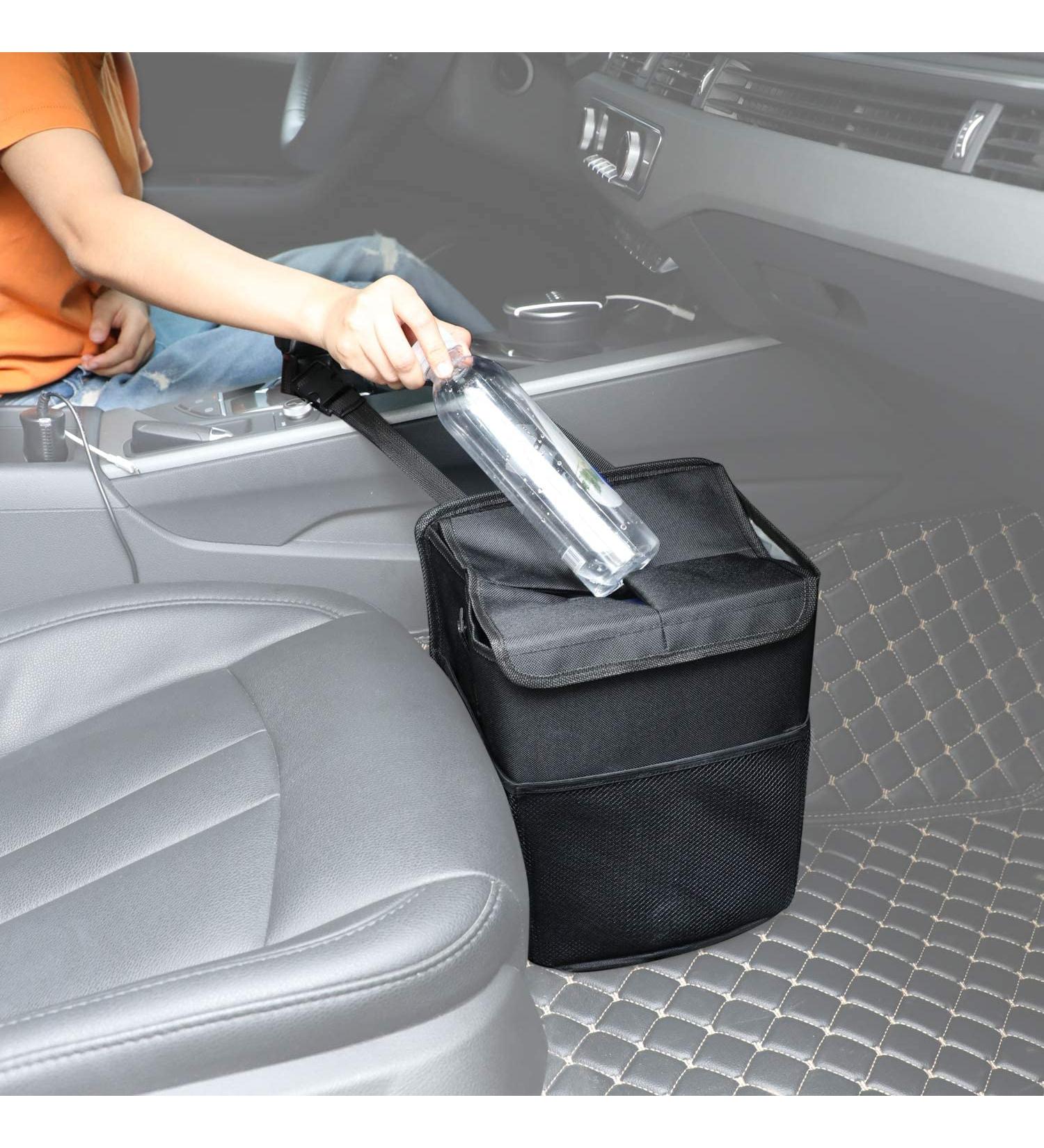 PowerTiger Car Rubbish Bin with Lid - 10L Capacity - Black Auto Trash Bag with 3 Mesh Pockets - Buy Online on GoSupps.com