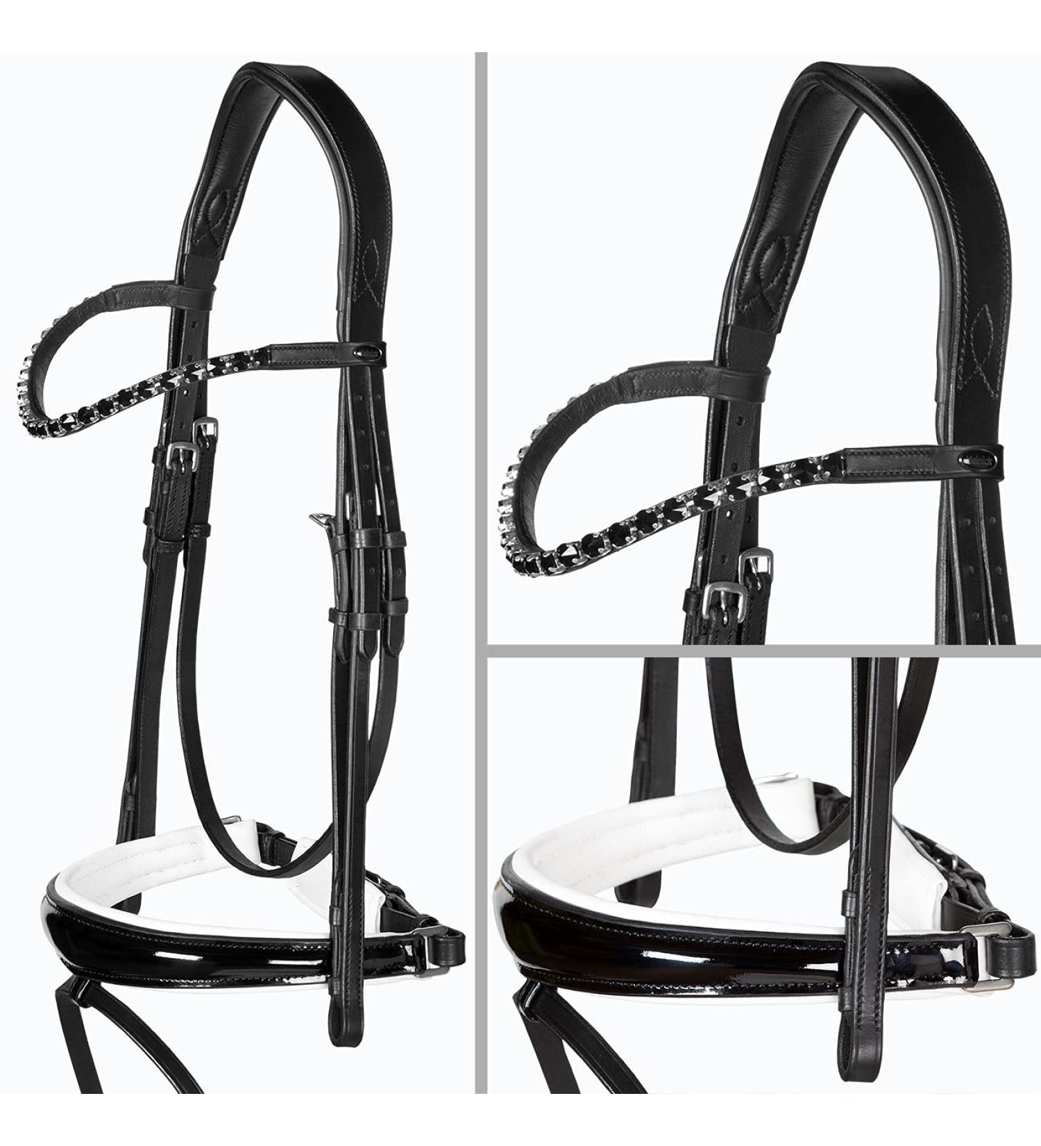Heinick-Reitsport bridle anatomical Performance white lacquer conical RH bridle hook Warmblood Selection (Glow-Black)
