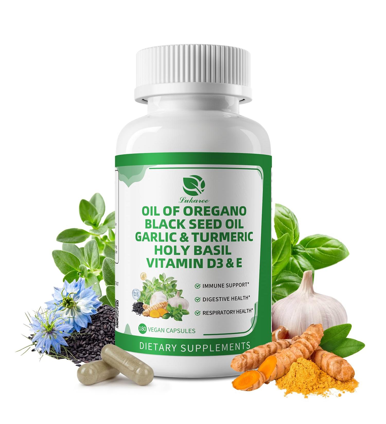 Organic Oil of Oregano Capsules with Black Seed Oil Garlic Turmeric Holy Basil Vitamin D3 E & Black Pepper for Better Absorption Immune Digestive & Respiratory Vegan Non-GMO 6 Month Supply 180 Count (Pack of 1) - Buy Online on GoSupps.com