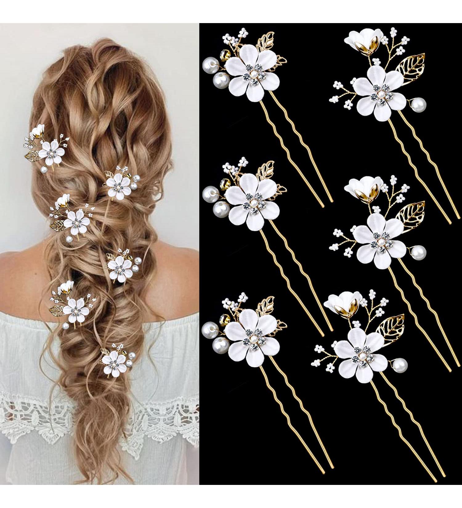 Crystal Pearl Bridal Flower Wedding Hair Pins - Gold Hair Accessories with Rhinestone for Brides & Bridesmaids - 6 Pieces (Pure White Flower) - Buy Online on GoSupps.com