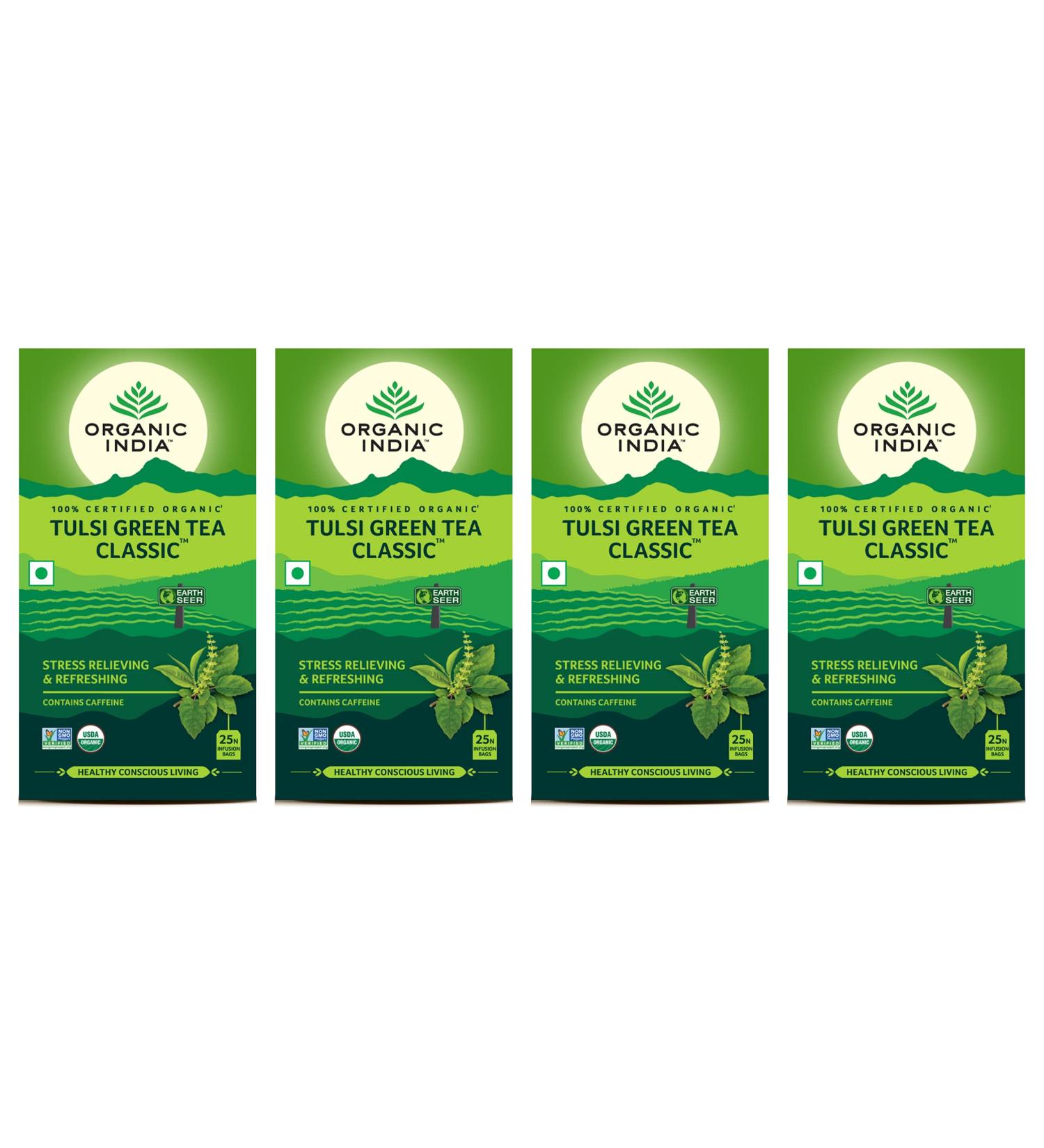 Organic India Tulsi Green Tea - 18 Infusion Bags (1.21 oz) | Stress Relief & Wellness - Buy Online on GoSupps.com