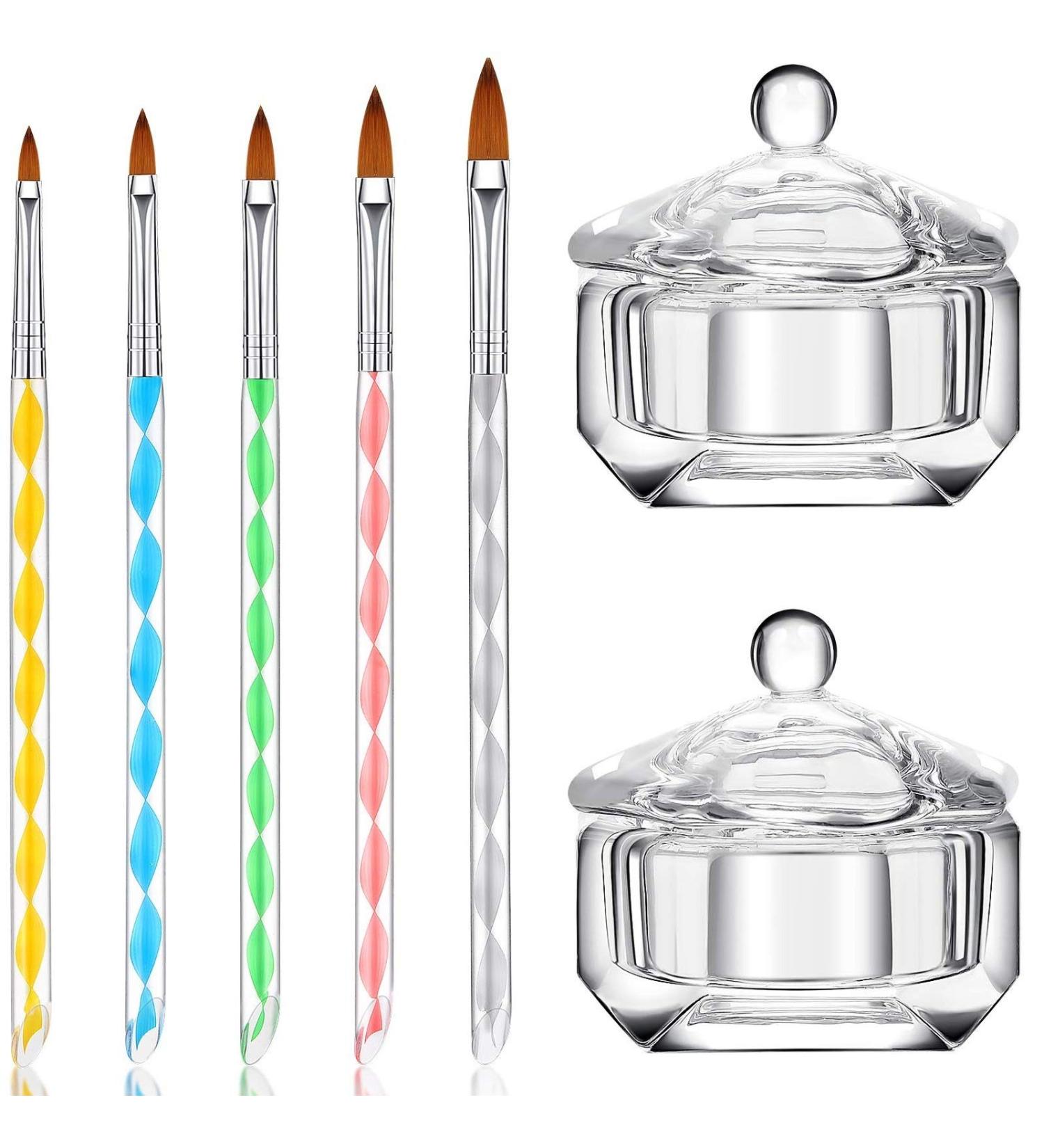 Acrylic Liquid Styling Tool Kit 7 Pcs Art Manicure Care Tools Including 2 Nail Art Clear Glass Bowl Dappen Dishes Cup with Lid and 5 Acrylic Design 3D Painting Drawing UV Gel DIY Brush/Pen Set - Buy Online on GoSupps.com