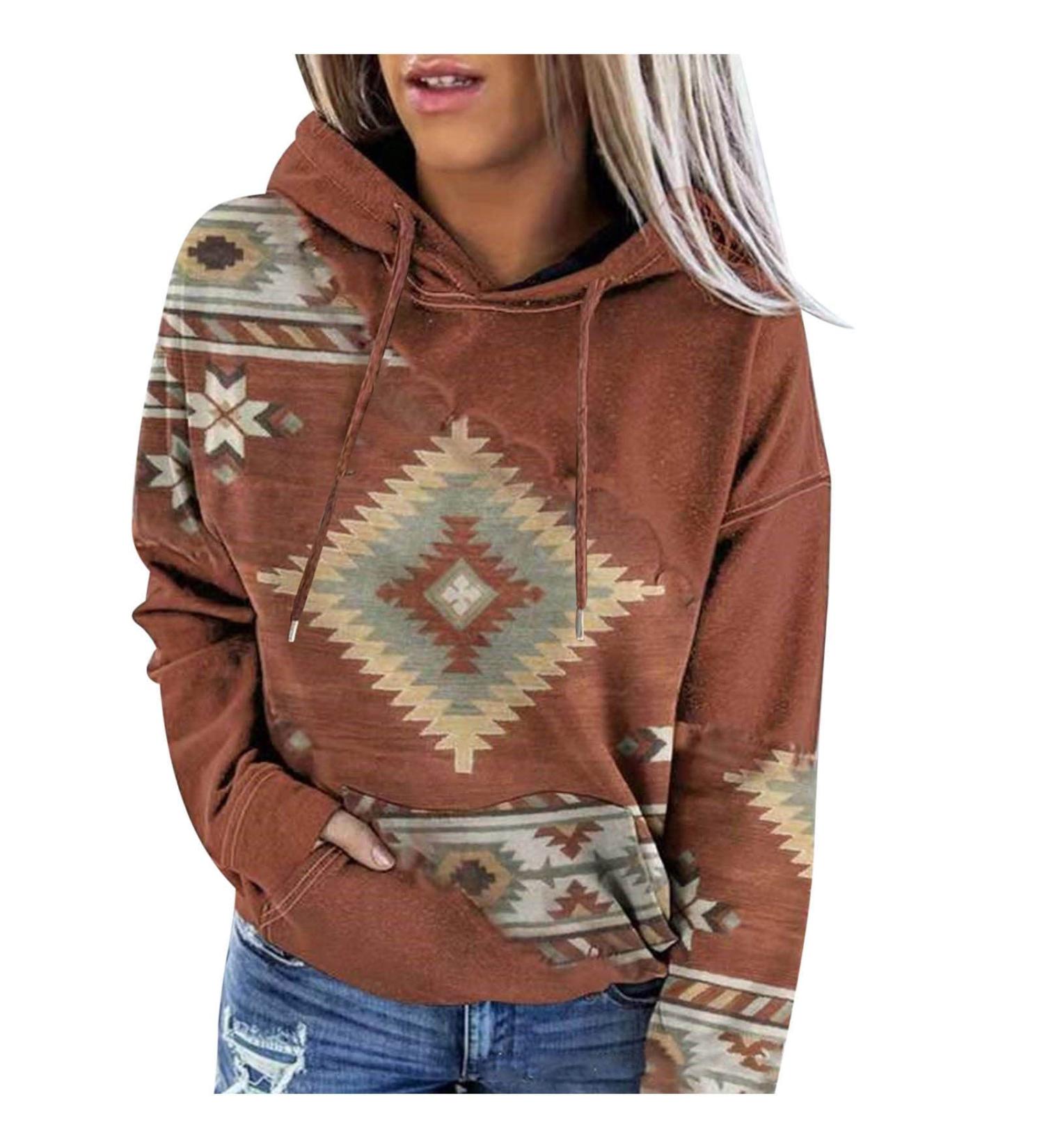 Women's Western Aztec Geometric Hoodie Sweatshirt - Coffee, 3X-Large - Buy Online on GoSupps.com