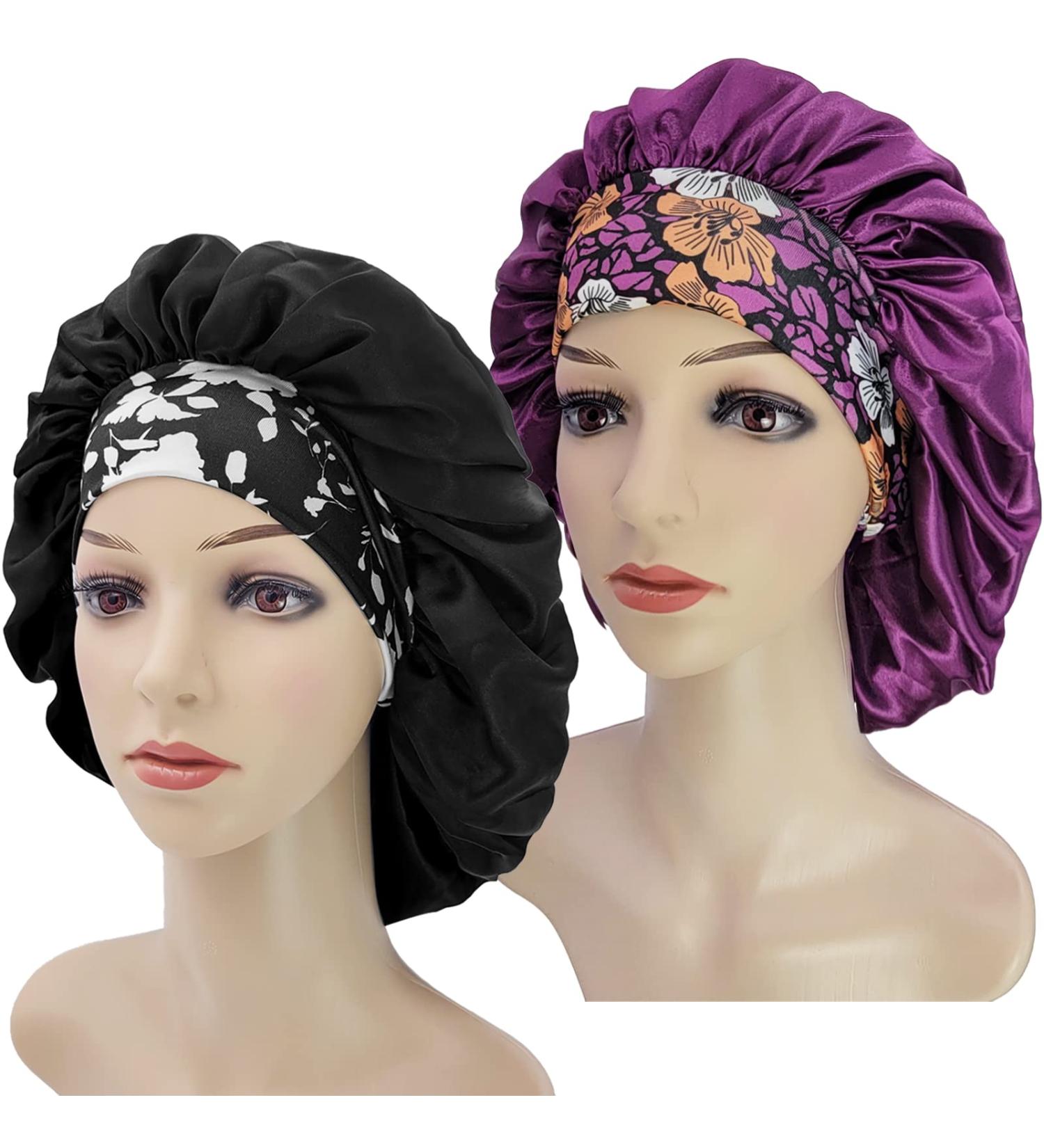 2PCS Satin Bonnets for Women - Black+Purple Satin Silk Sleep Cap for Curly Hair & Braids - Buy Online on GoSupps.com