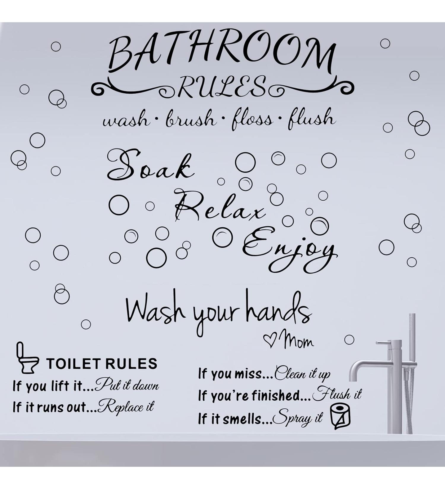 4-Piece Bathroom Wall Decals Sticker Set - Toilet Rules, Soak Relax Enjoy, Love Mom - Vinyl Wall Art Decor in Black - Buy Online on GoSupps.com