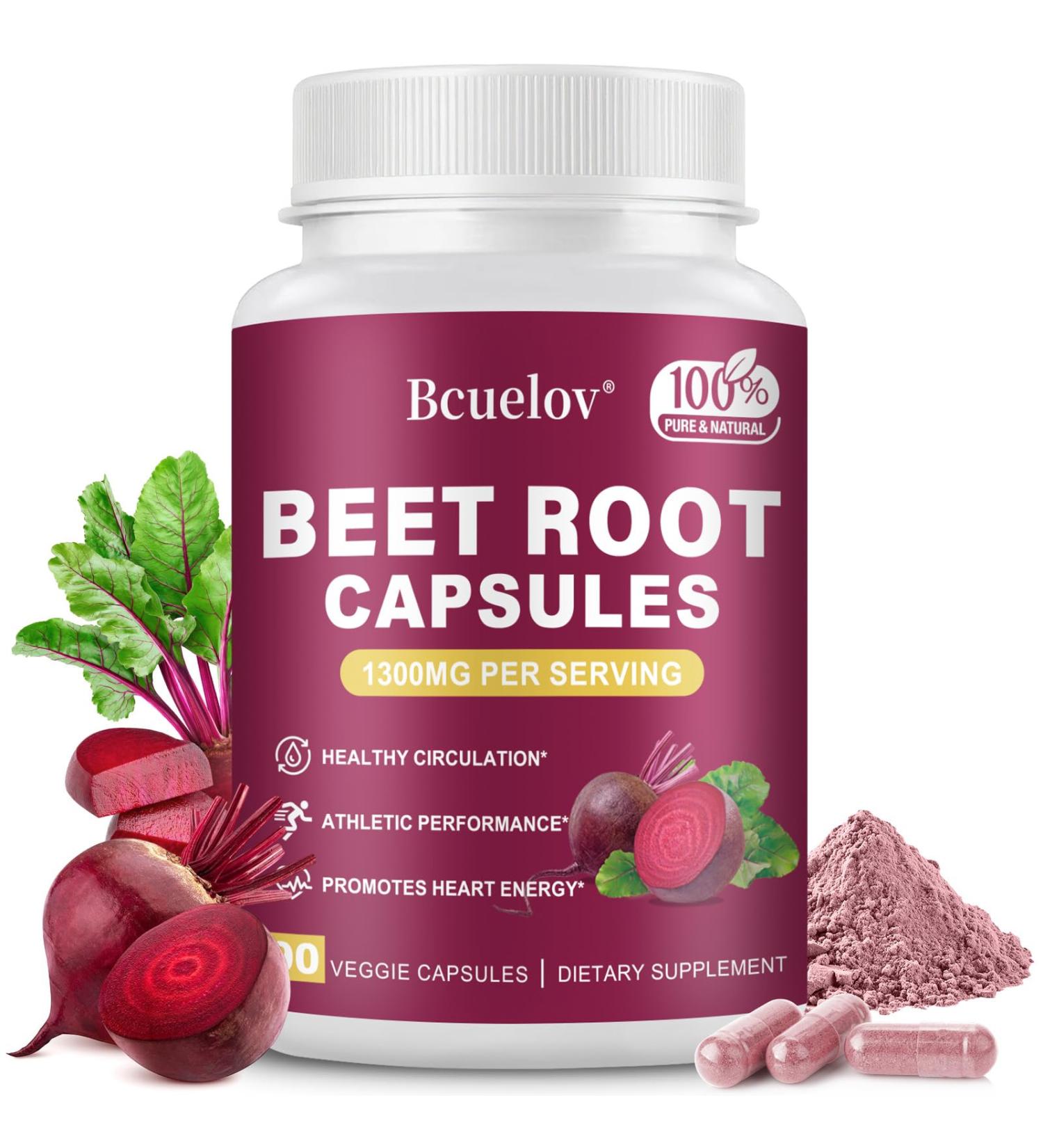 Beet Root Capsules | 1300mg Pure Beetroot Powder Capsules Supports Blood Pressure Natural Energy & Endurance - 90 Capsules 45 Days Supply - Buy Online on GoSupps.com