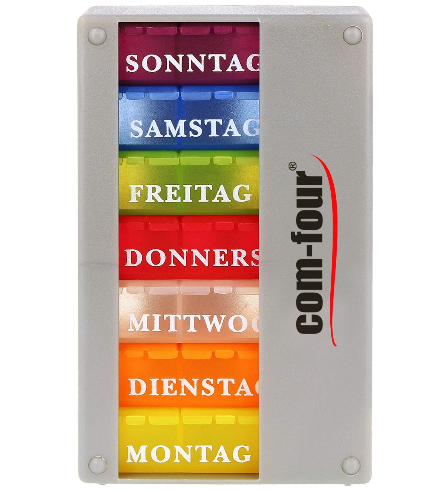 Com-Four 7-Day Drug Doser - Weekly Pill Organizer - Silver & Black Medication Box for Morning Lunch & Evening Doses - Ideal for International Shipping - Buy Online on GoSupps.com