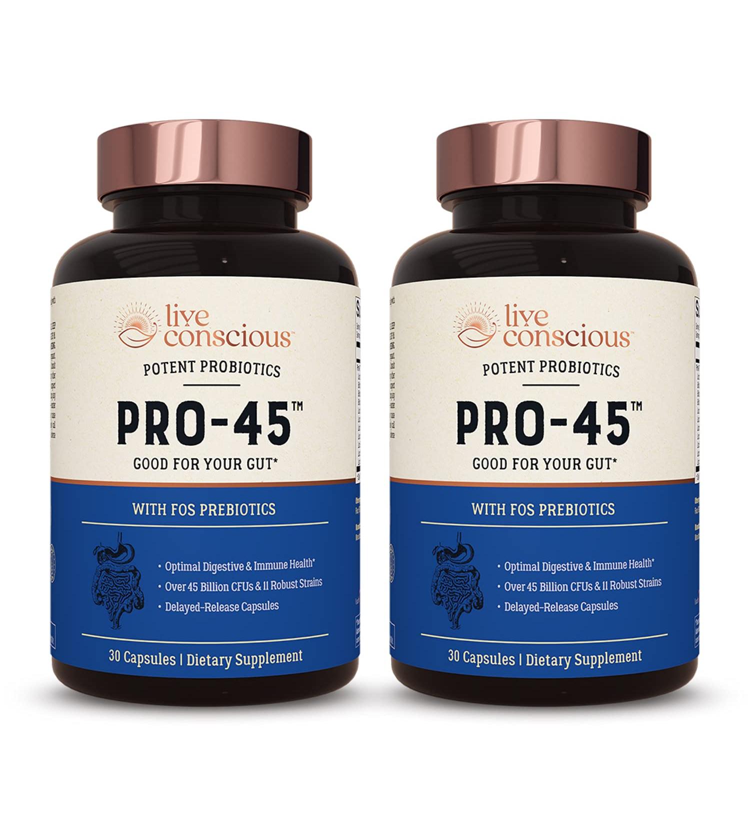 Live Conscious PRO45 Probiotic Formula 45 Billion CFU | 11 Strains | Dairy Free | Delayed Release Veggie Caps | Immune & Digestive Health Support | 60 Capsules (2-Pack) - Buy Online on GoSupps.com