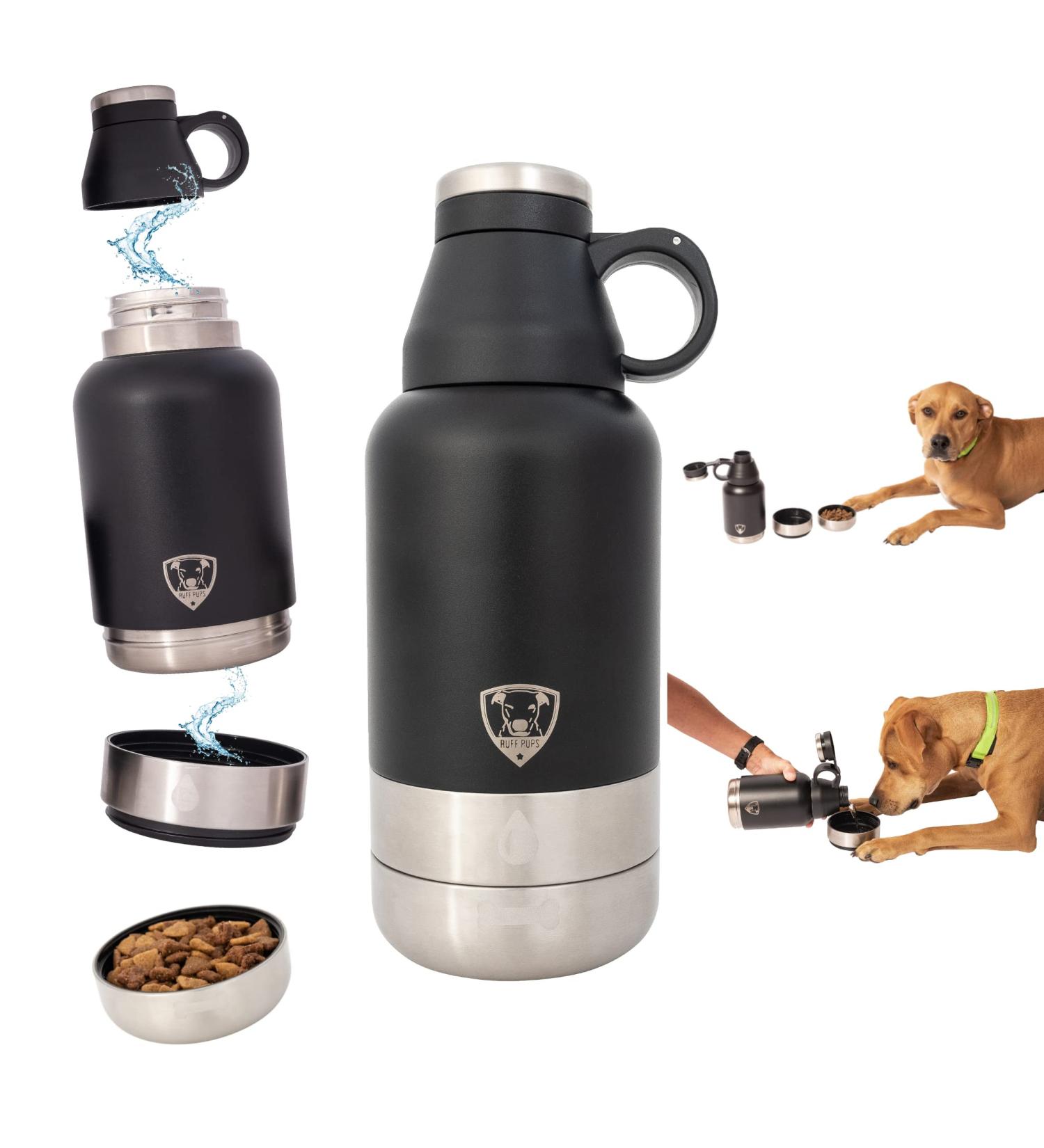 RUFF PUPS 32oz Stainless Steel Dog Water Bottle with Attached Bowls - Vacuum Insulated, Leak Proof for Travel & Outdoor Activities - Buy Online on GoSupps.com