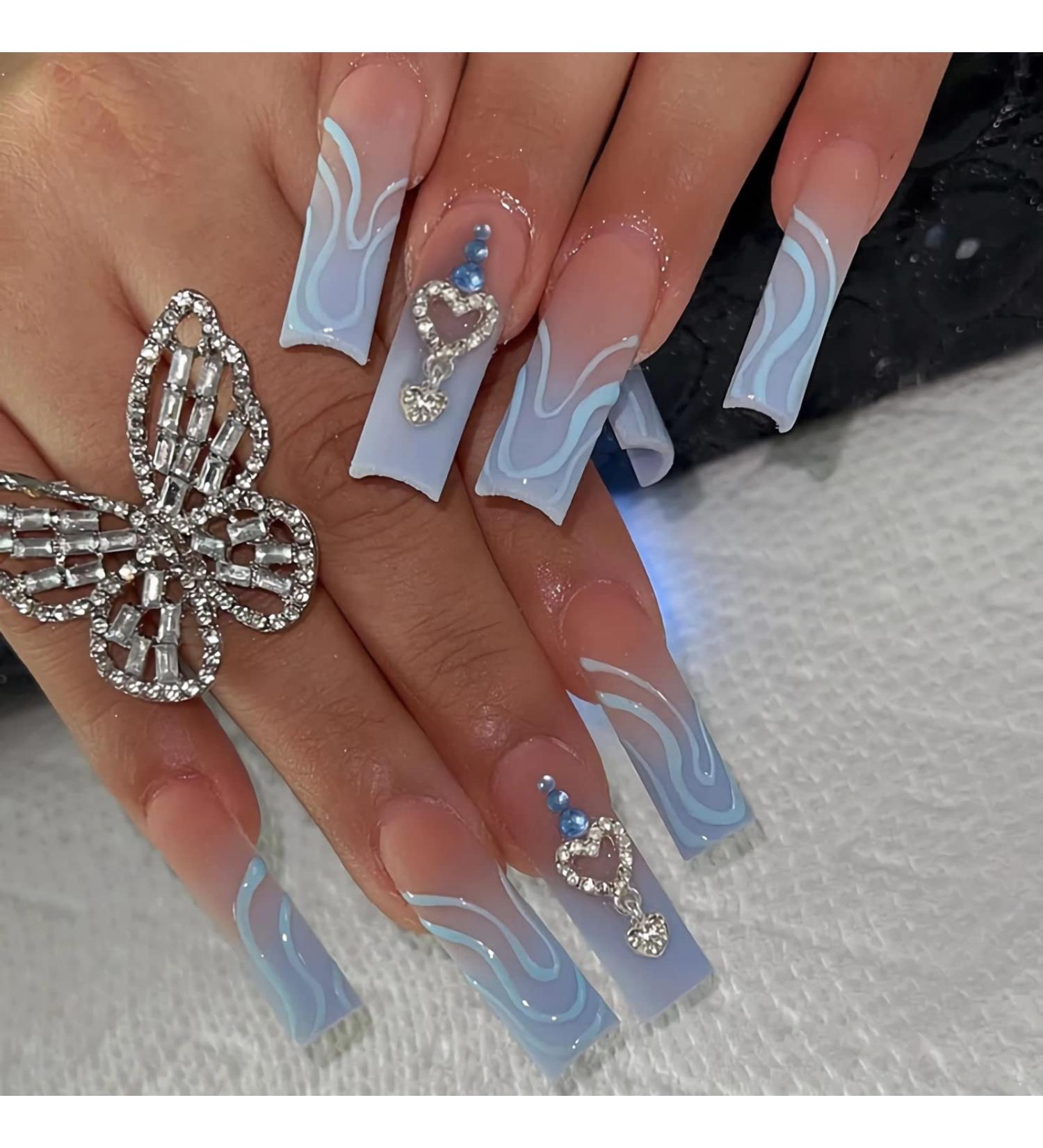 BABALAL Blue Long Coffin Press on Nails with Rhinestones Heart Design - Matte Glue on Acrylic Ballerina Nails for Women and Girls - Buy Online on GoSupps.com